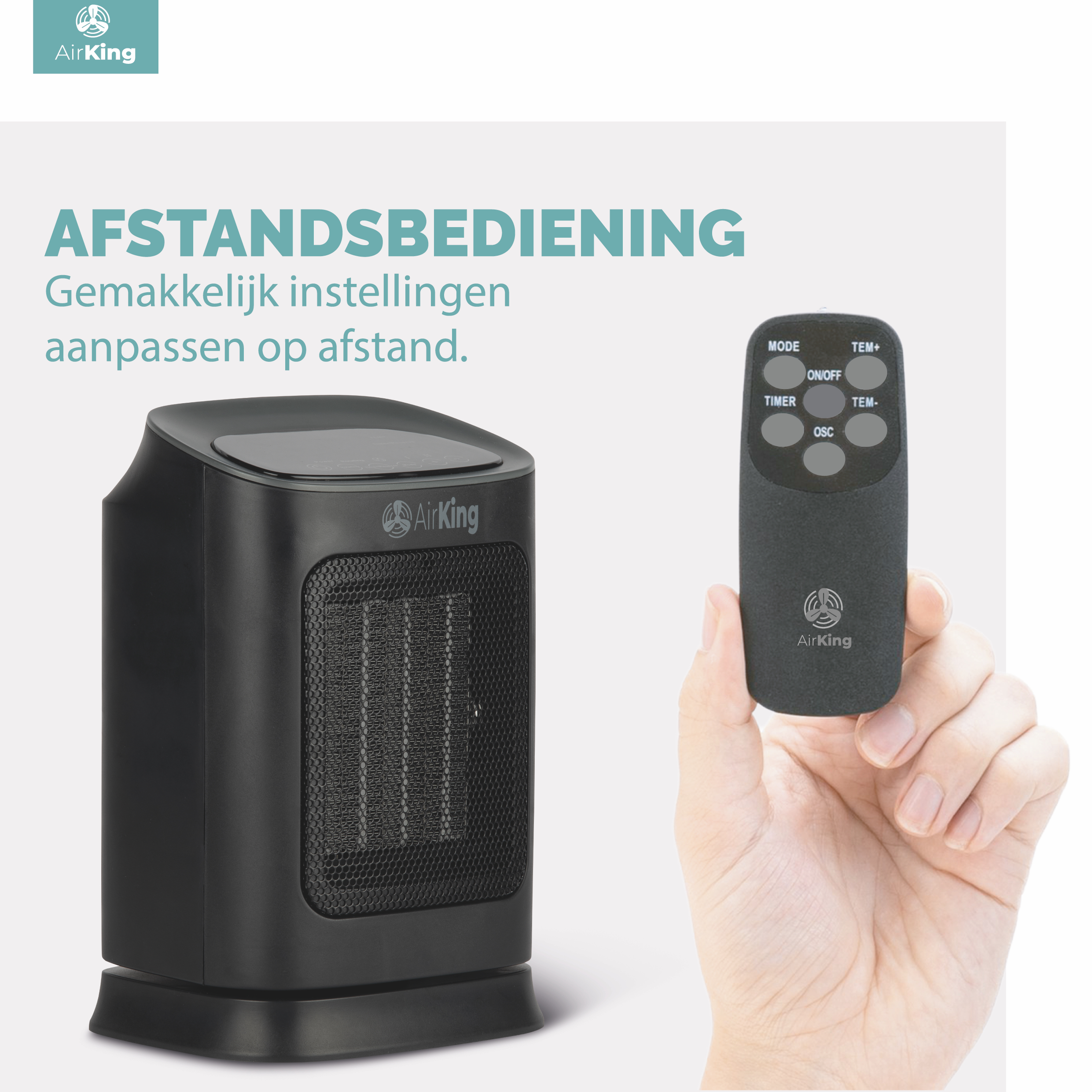 Zwarte kachel met afstandsbediening in de hand, tekst die de functies promoot.
