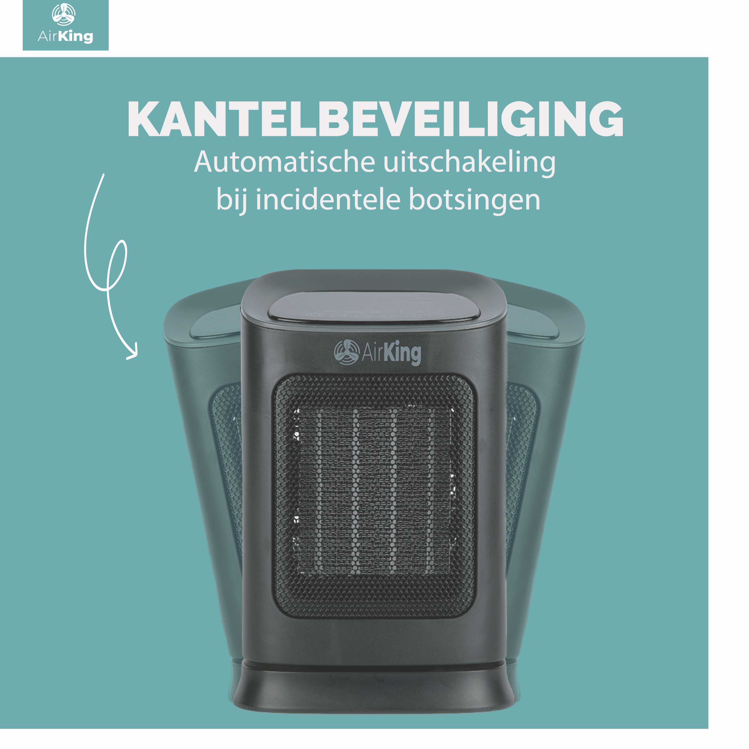 Zwarte kachel met AirKing-logo, met kantelbeveiliging. Achtergrond is een blauwgroene kleur.