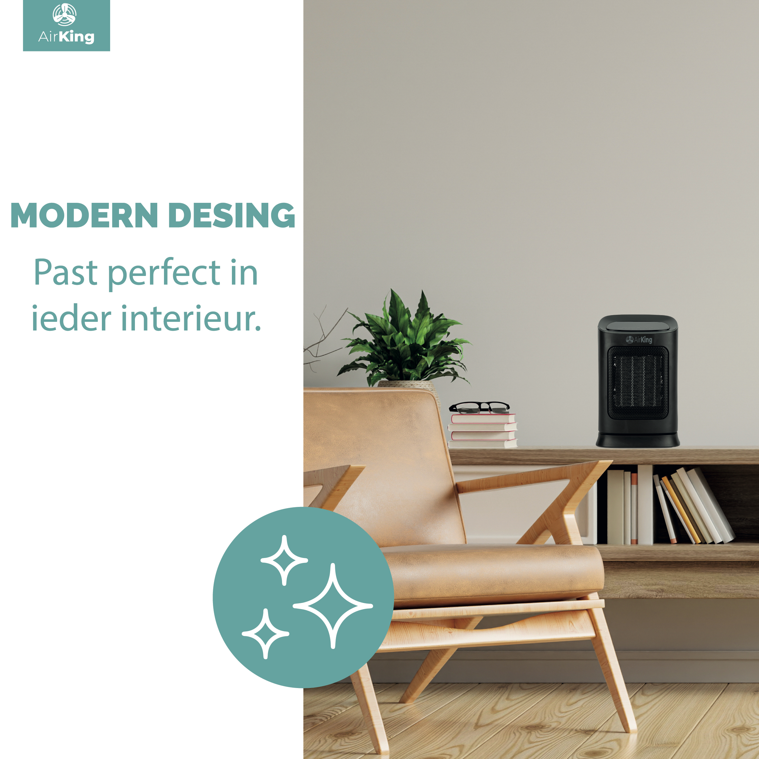 Zwarte kachel op een houten plank met een stoel en een groene plant. Tekst zegt 'Modern Design'.