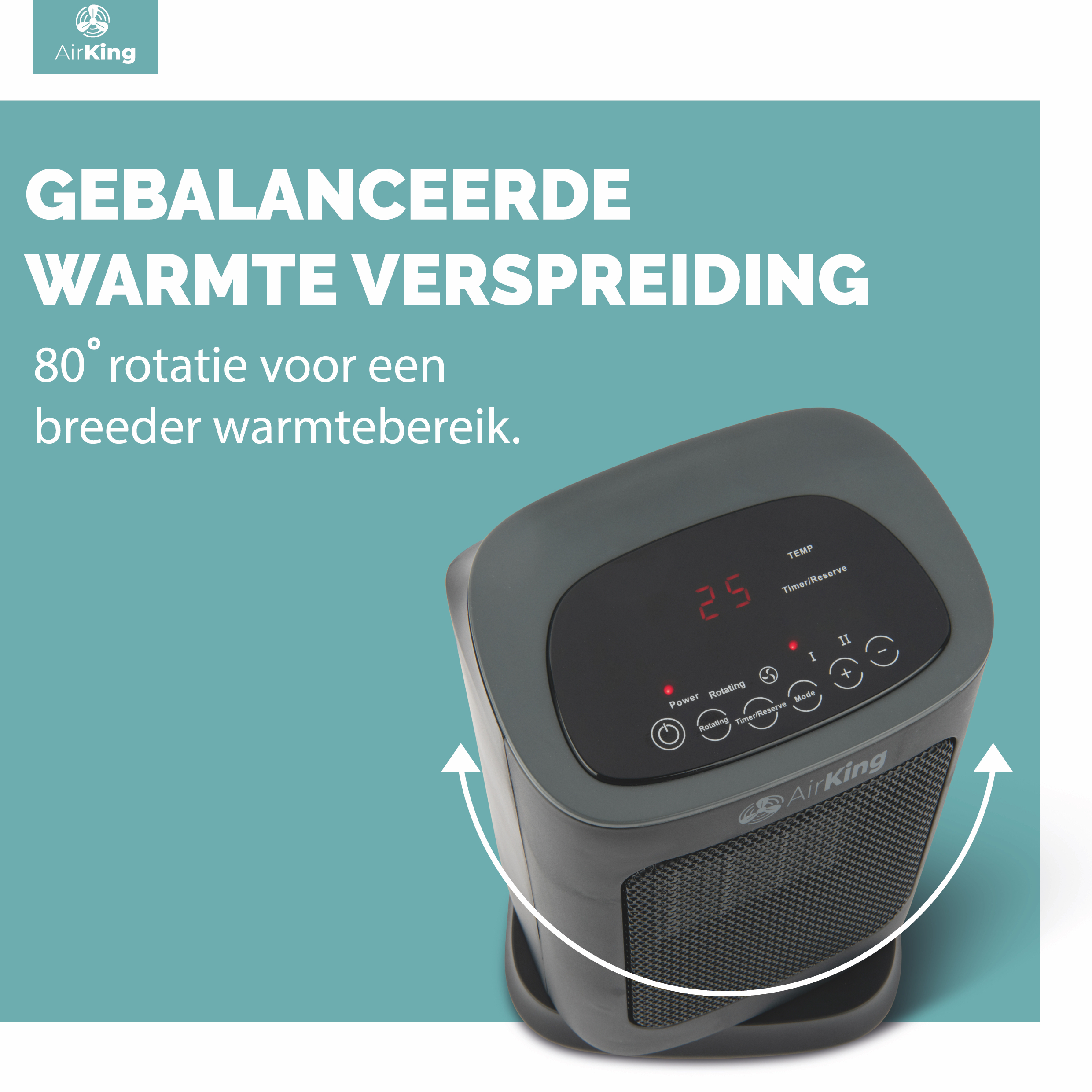 Donkergrijze elektrische kachel. Toont knoppen en een temperatuurweergave. Witte pijlen.