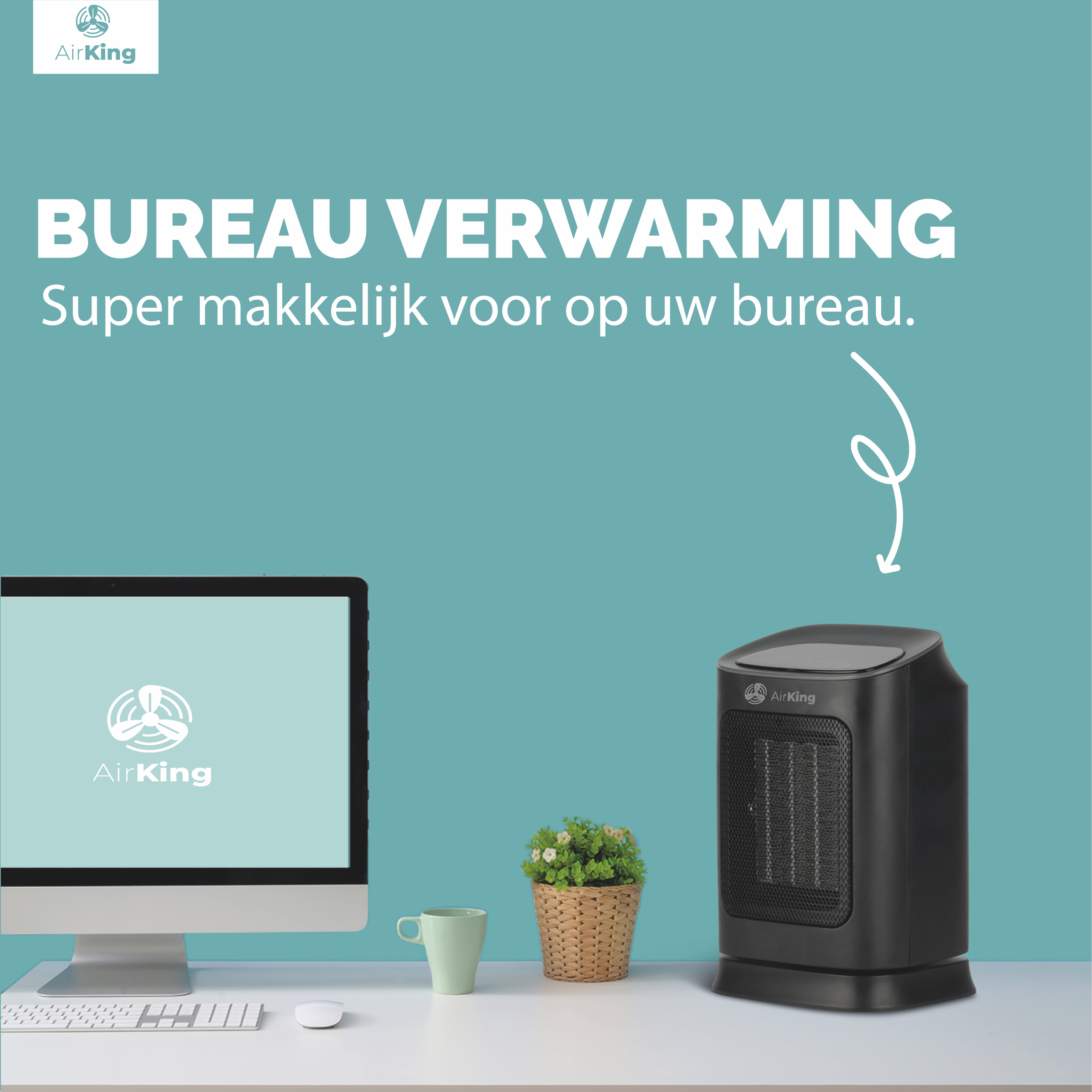 Een bureau met een computerscherm en een zwarte kachel. Er staat een kleine plant en een mok.