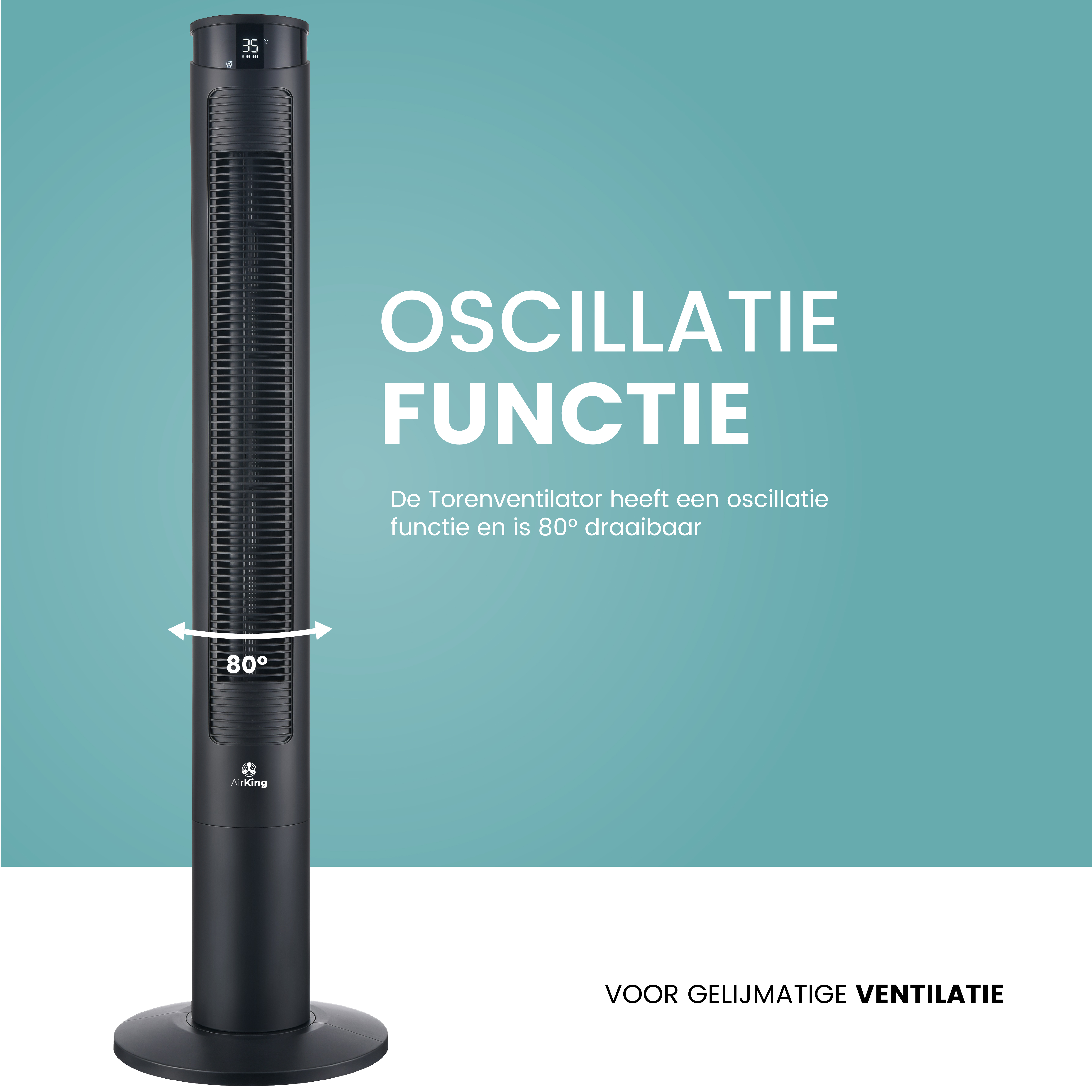 Ventilateur tour noir avec fonction d'oscillation à 80 degrés. Texte et flèches blanches visibles.