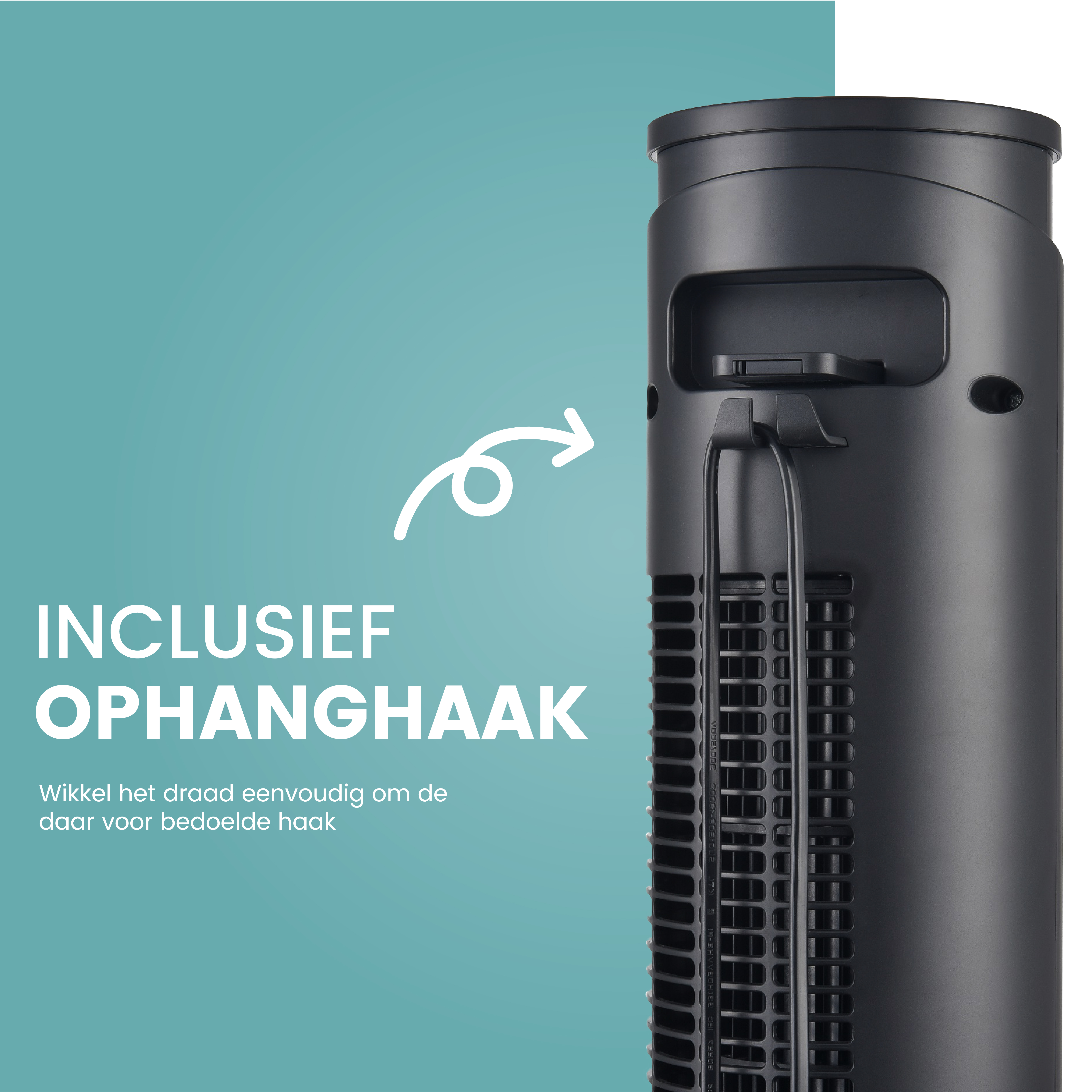 Un ventilateur tour noir avec une flèche blanche. Texte : 'INCLUSIEF OPHANGHAAK'.