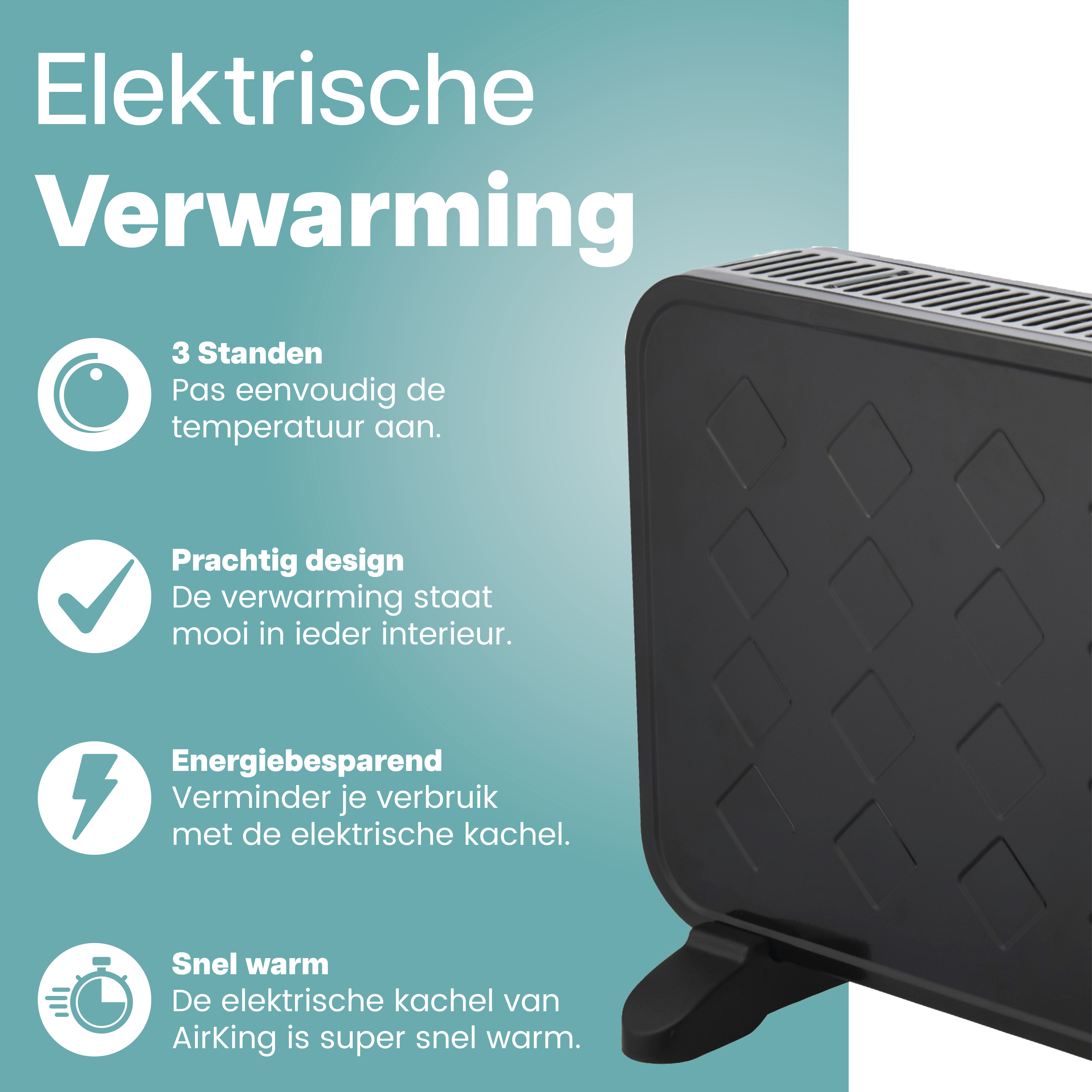 Zwarte elektrische kachel met drie standen, stijlvol design, energiebesparend en snel warm.