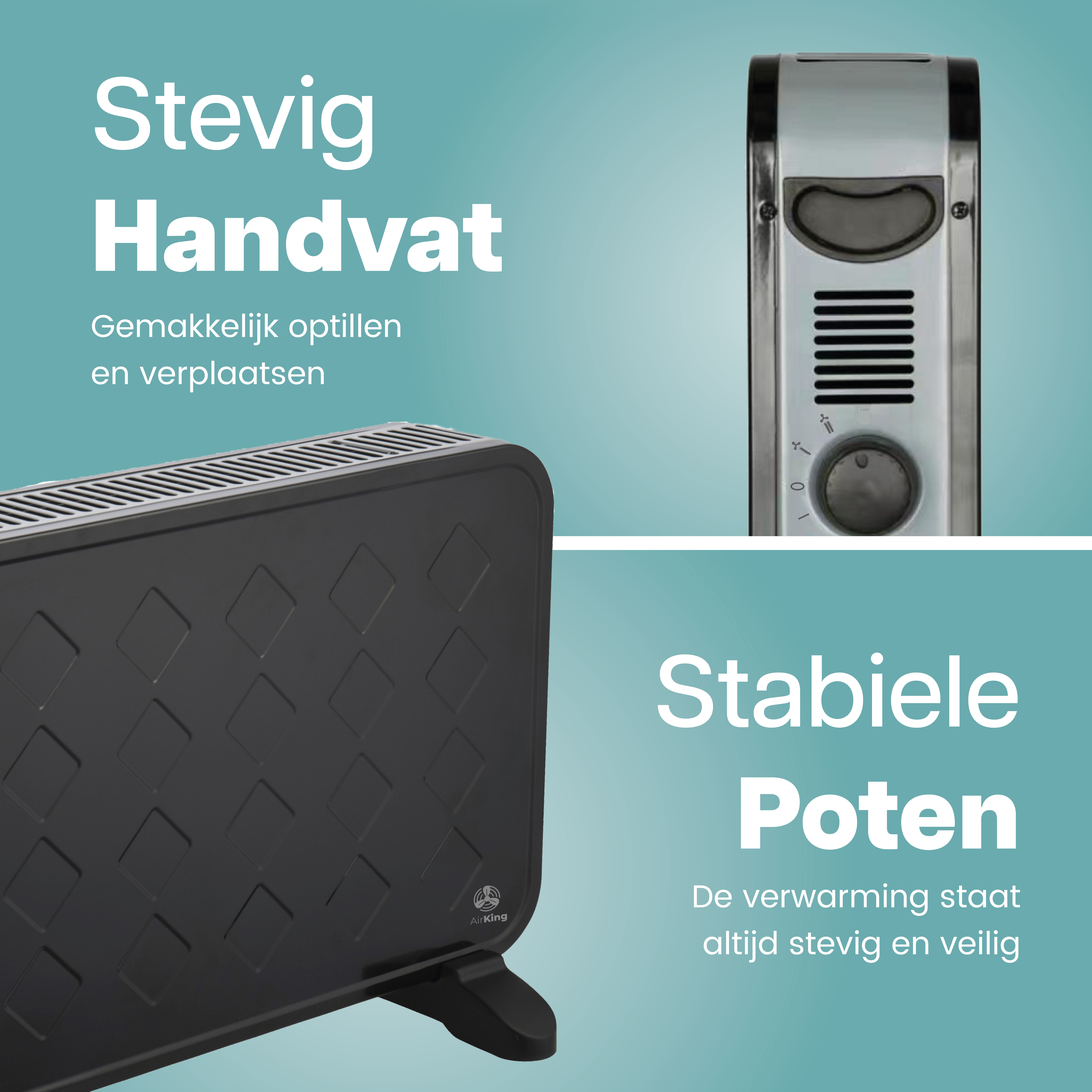 Zwarte verwarming met zilveren accenten, handvat en bedieningspaneel.