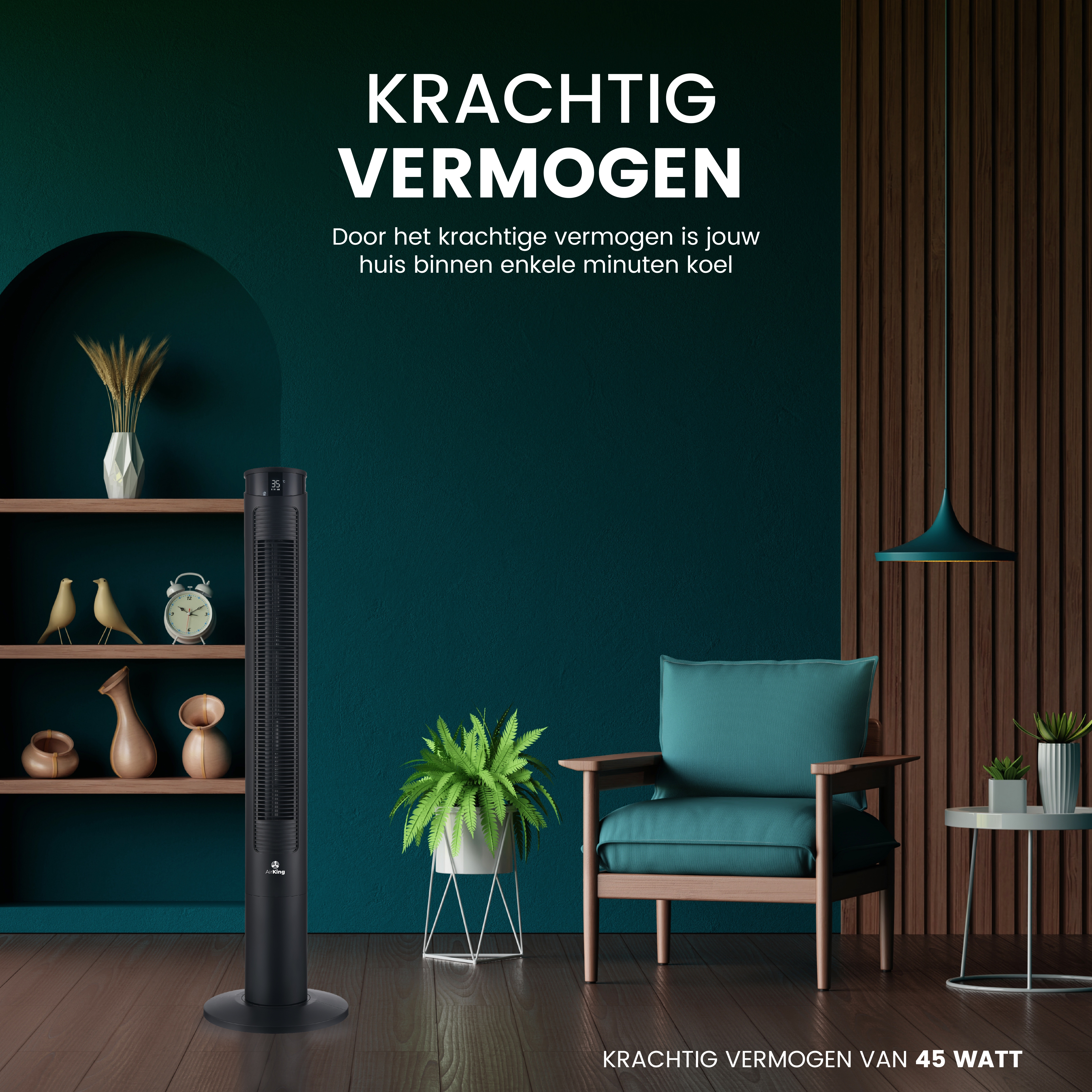 Ventilateur tour noir dans une pièce. Comprend chaise, plante et étagères.