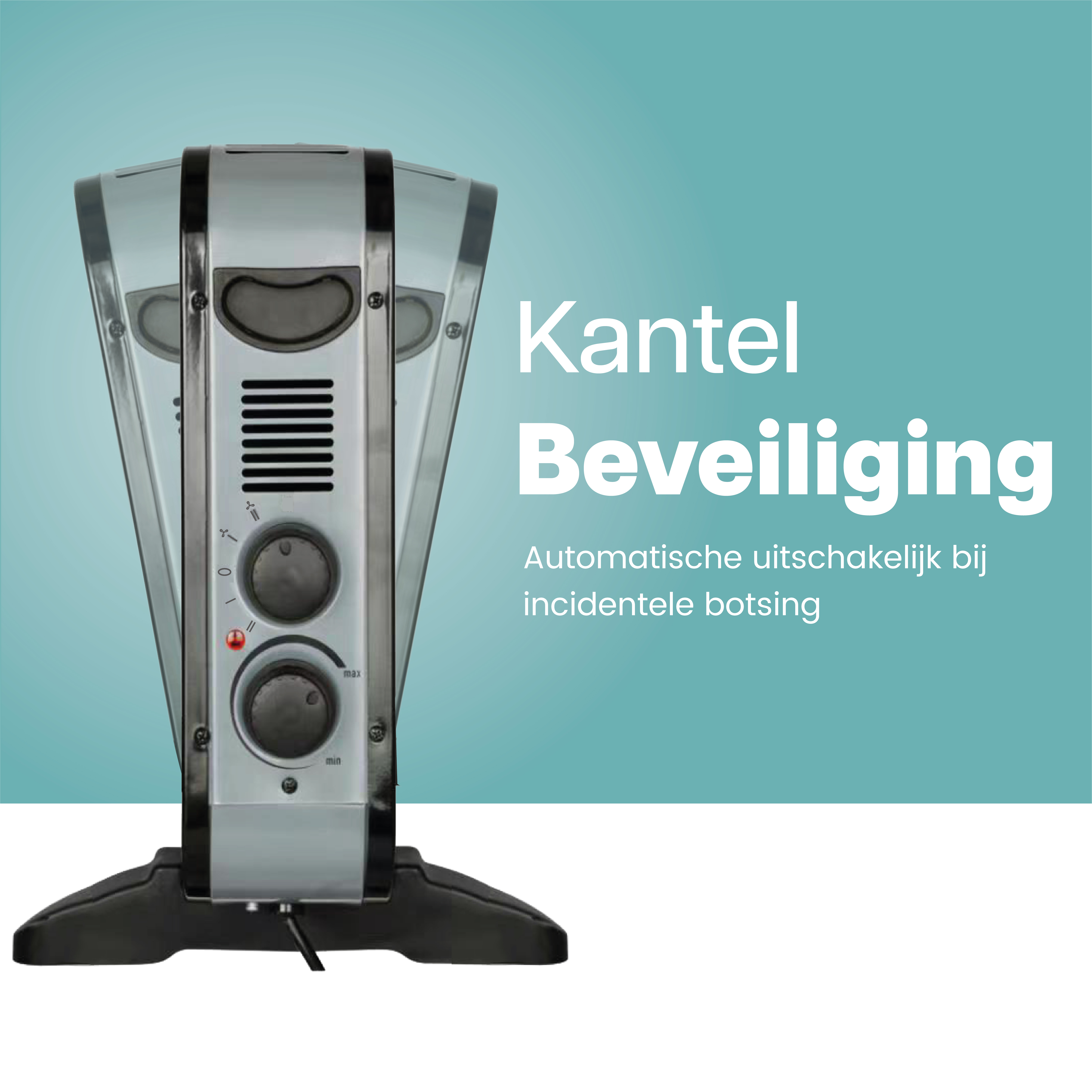 Een zilver-zwarte elektrische kachel met twee draaiknoppen en een zwarte voet. Hij heeft veiligheidsvoorzieningen.