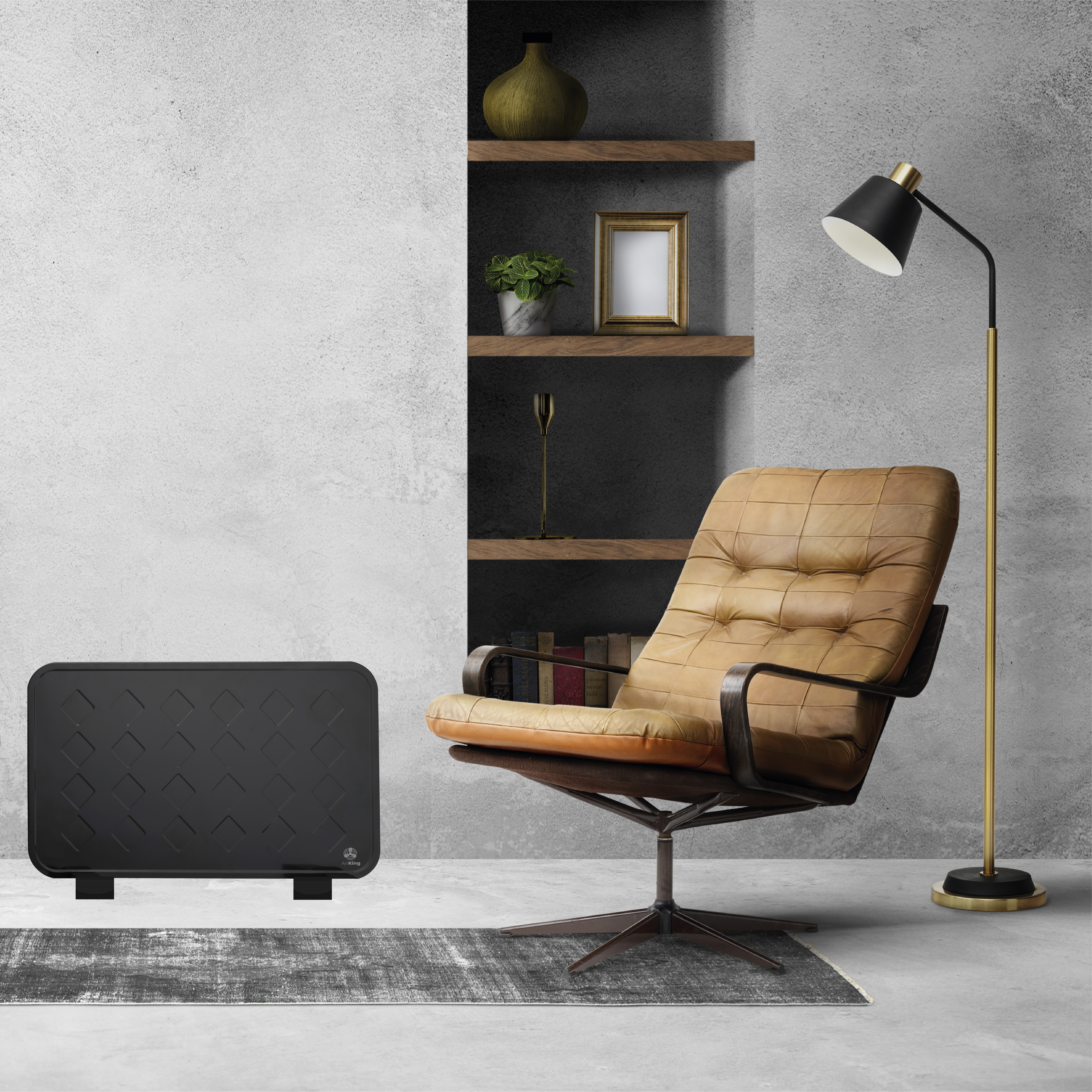 Kamerinterieur met een zwarte kachel, een stoel, een vloerlamp en decoratie op planken.