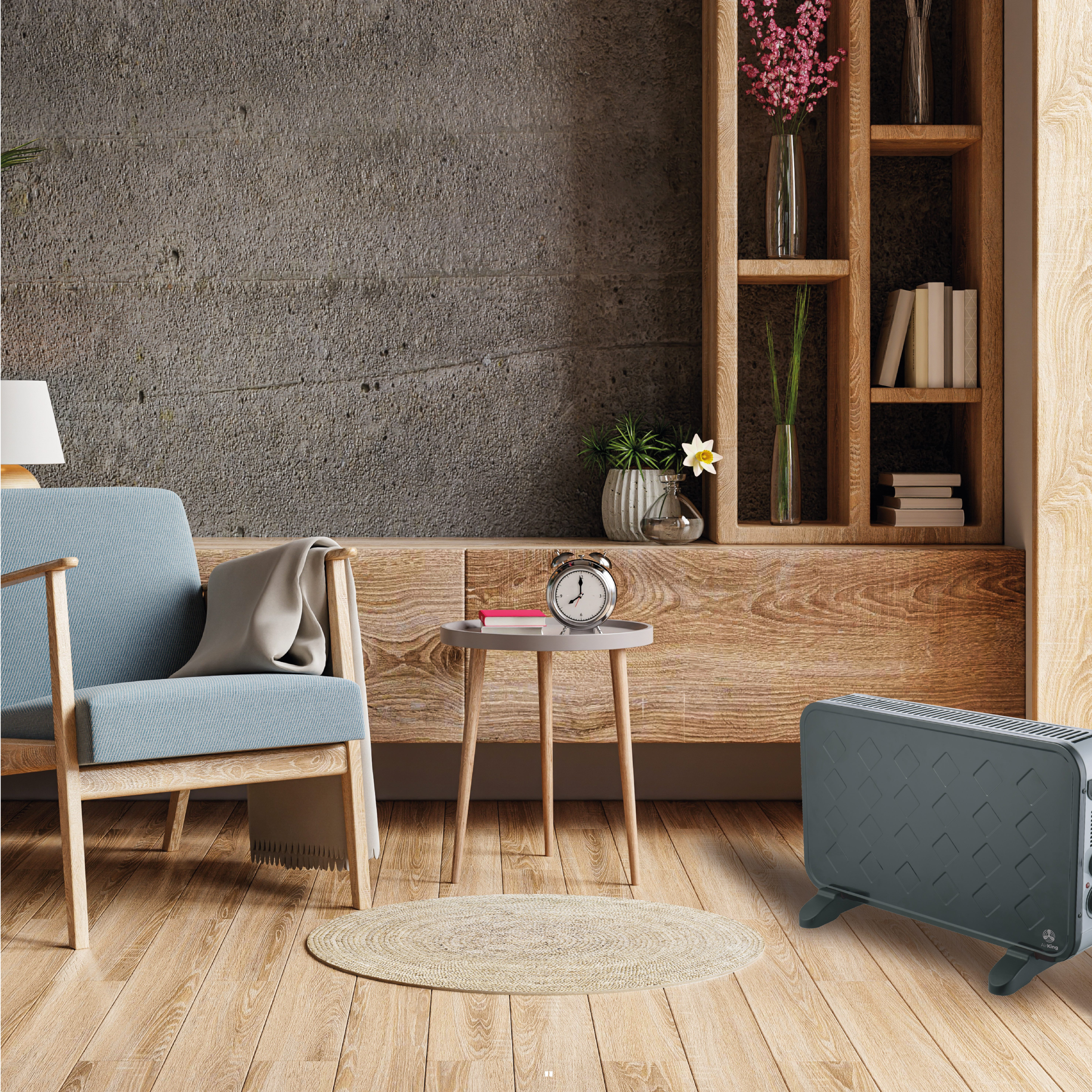 Moderne woonkamer met een kachel. Er is een blauwe fauteuil, een vloerkleed en een houten kast.