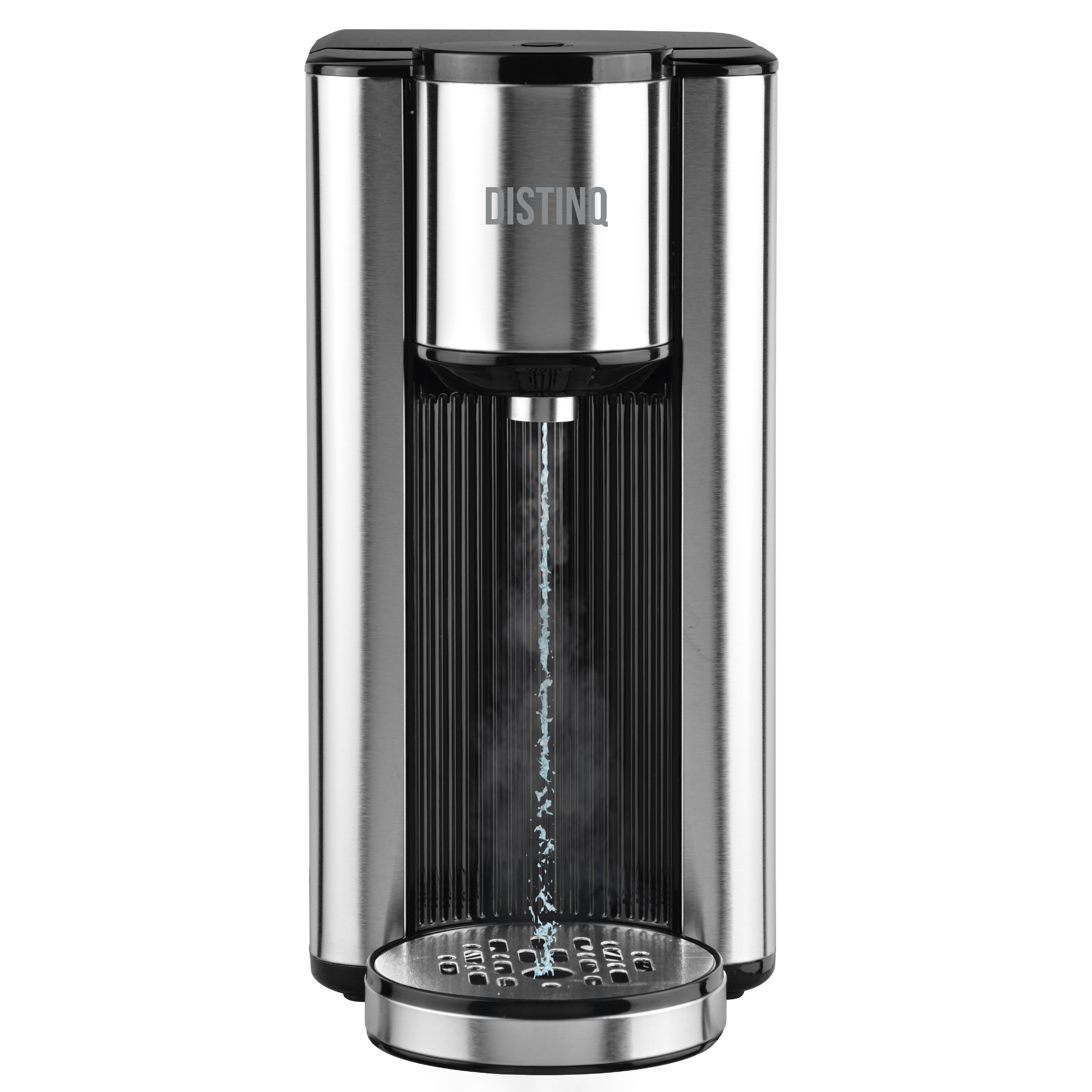 A silver water boiler is pouring water into a small tray. Brand name 'DISTINQ' is visible.