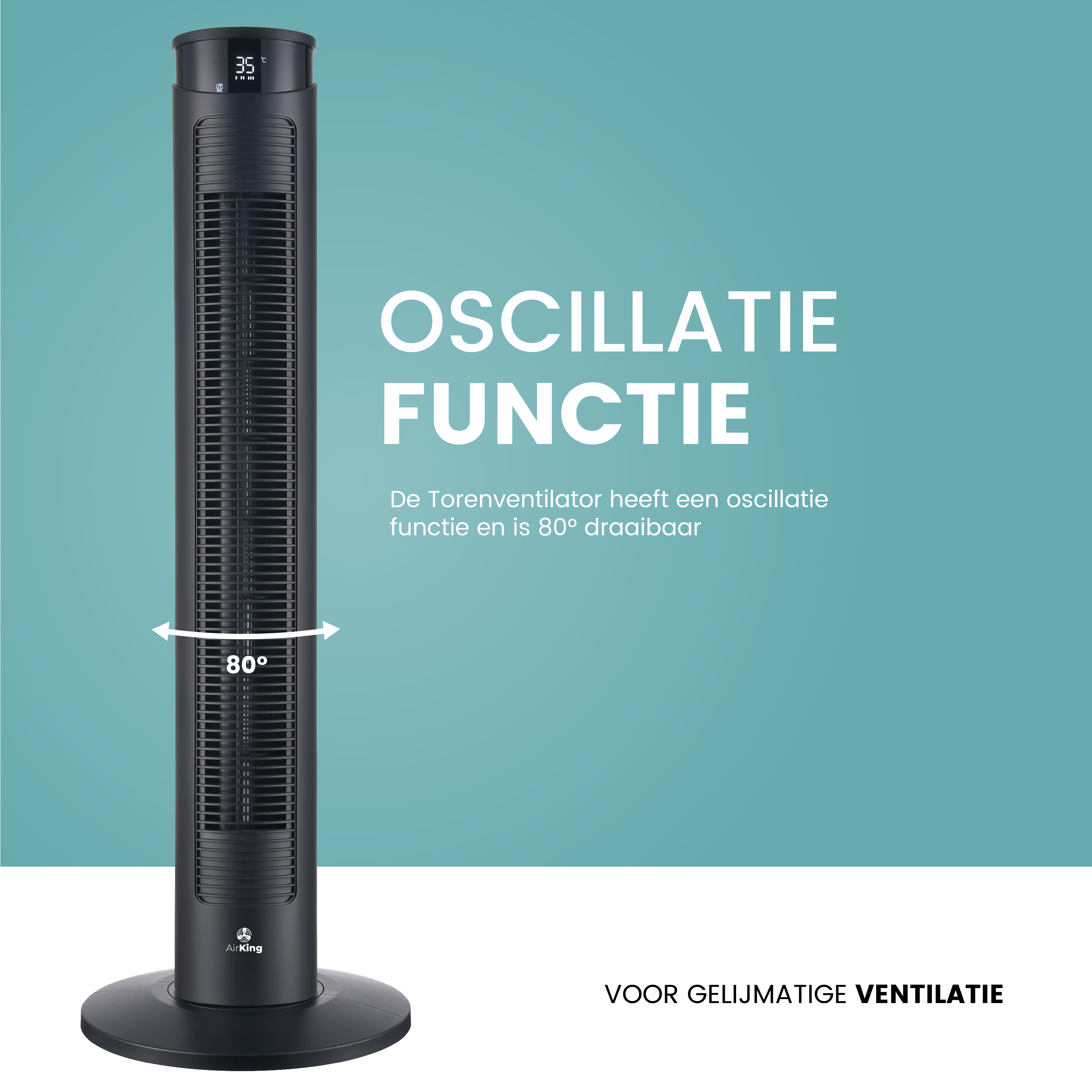 Black tower fan with white text, 80-degree rotation, and turquoise background.