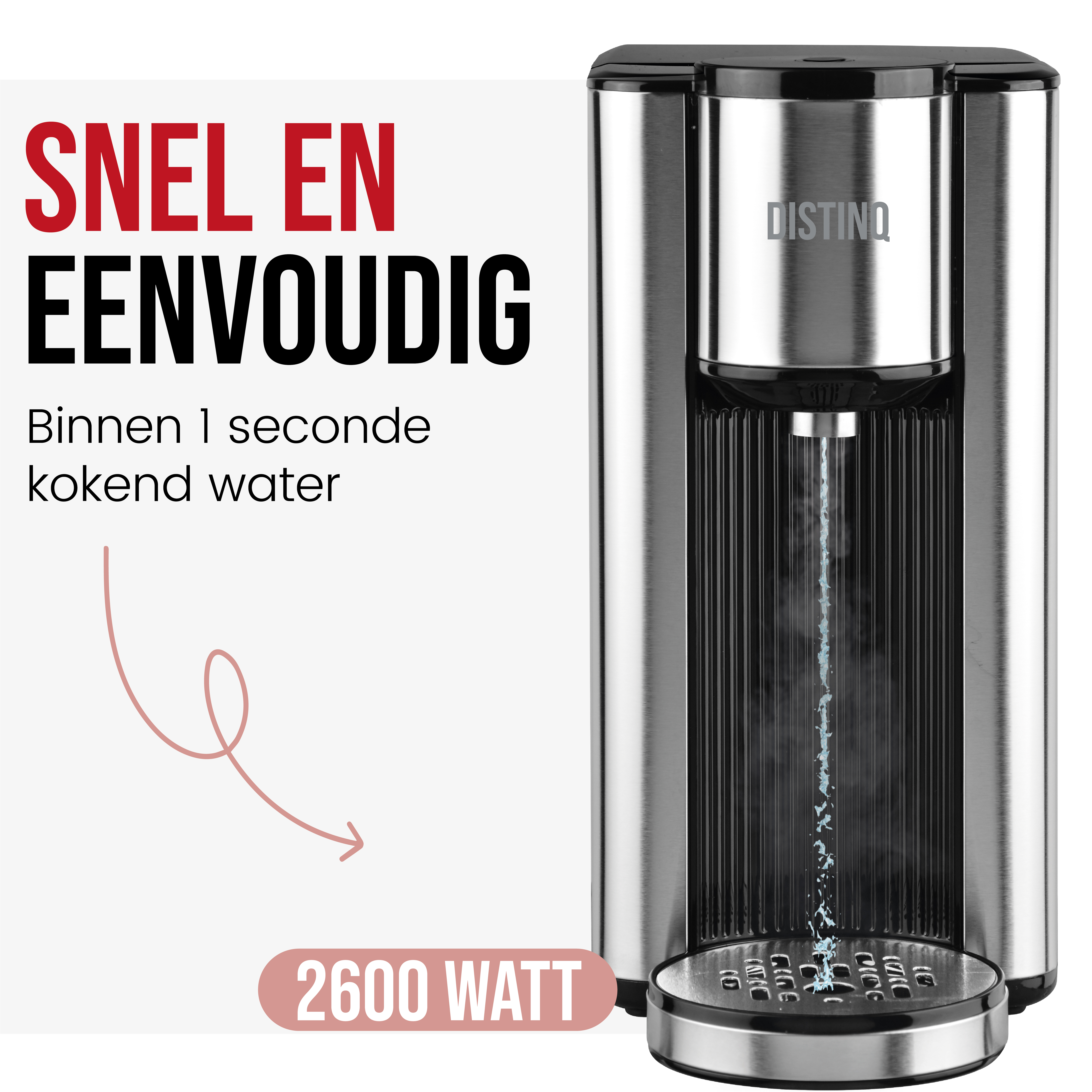 A silver coffee maker with a water stream and the text "2600 W" on the base.