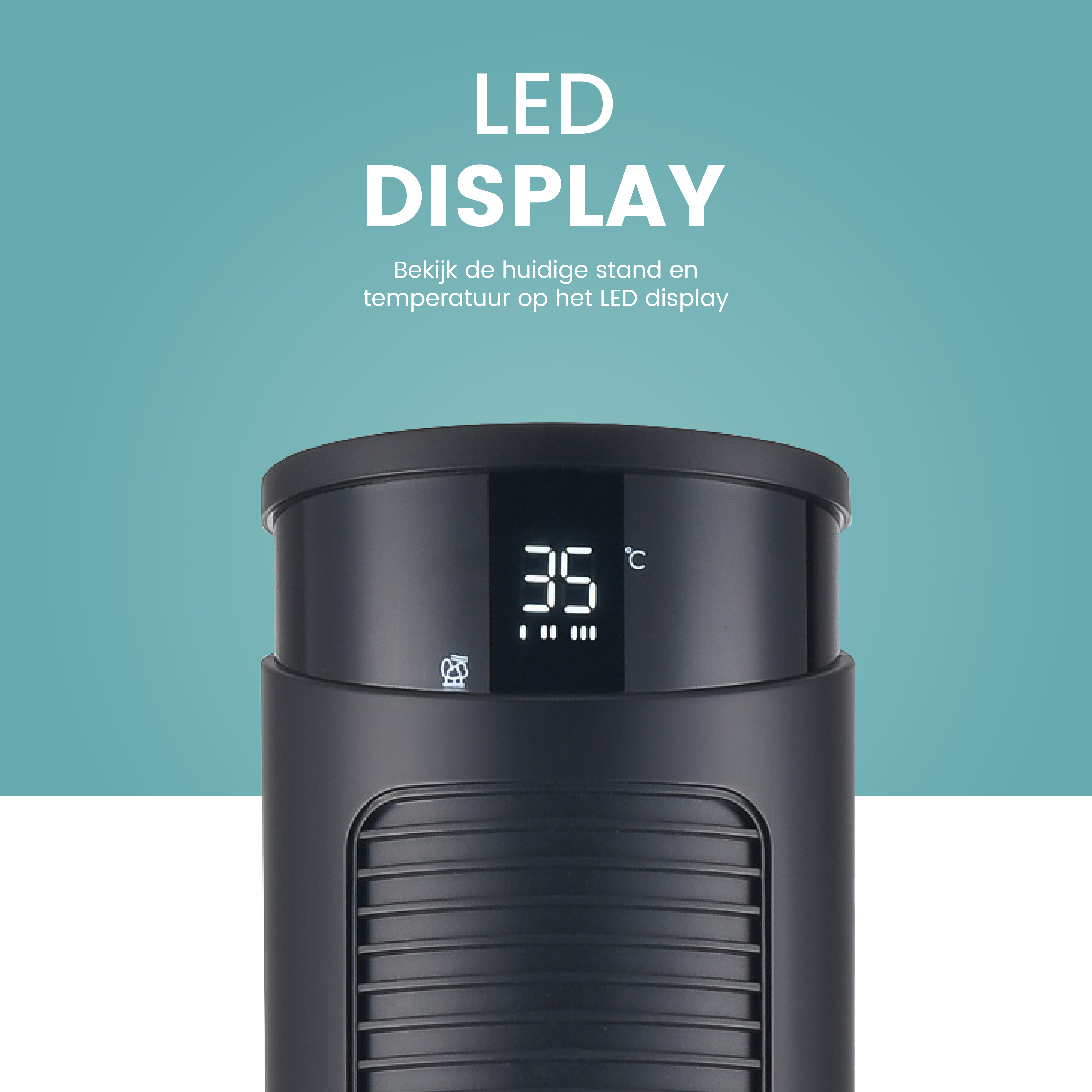Black electric heater with an LED display. The display shows the temperature, 35 degrees C.