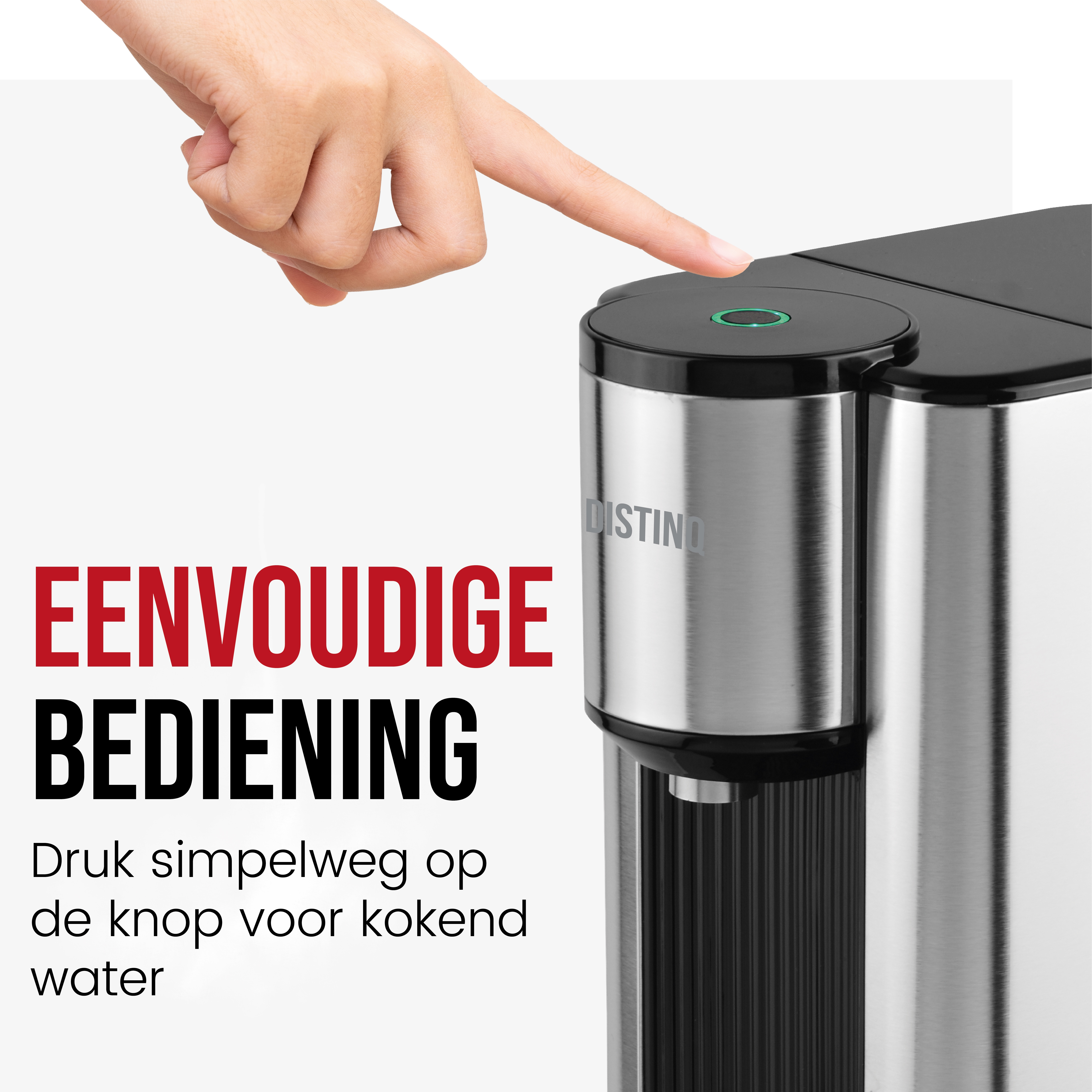 A hand presses a button on a stainless steel appliance. The text says 'Easy operation. Press for boiling water'.