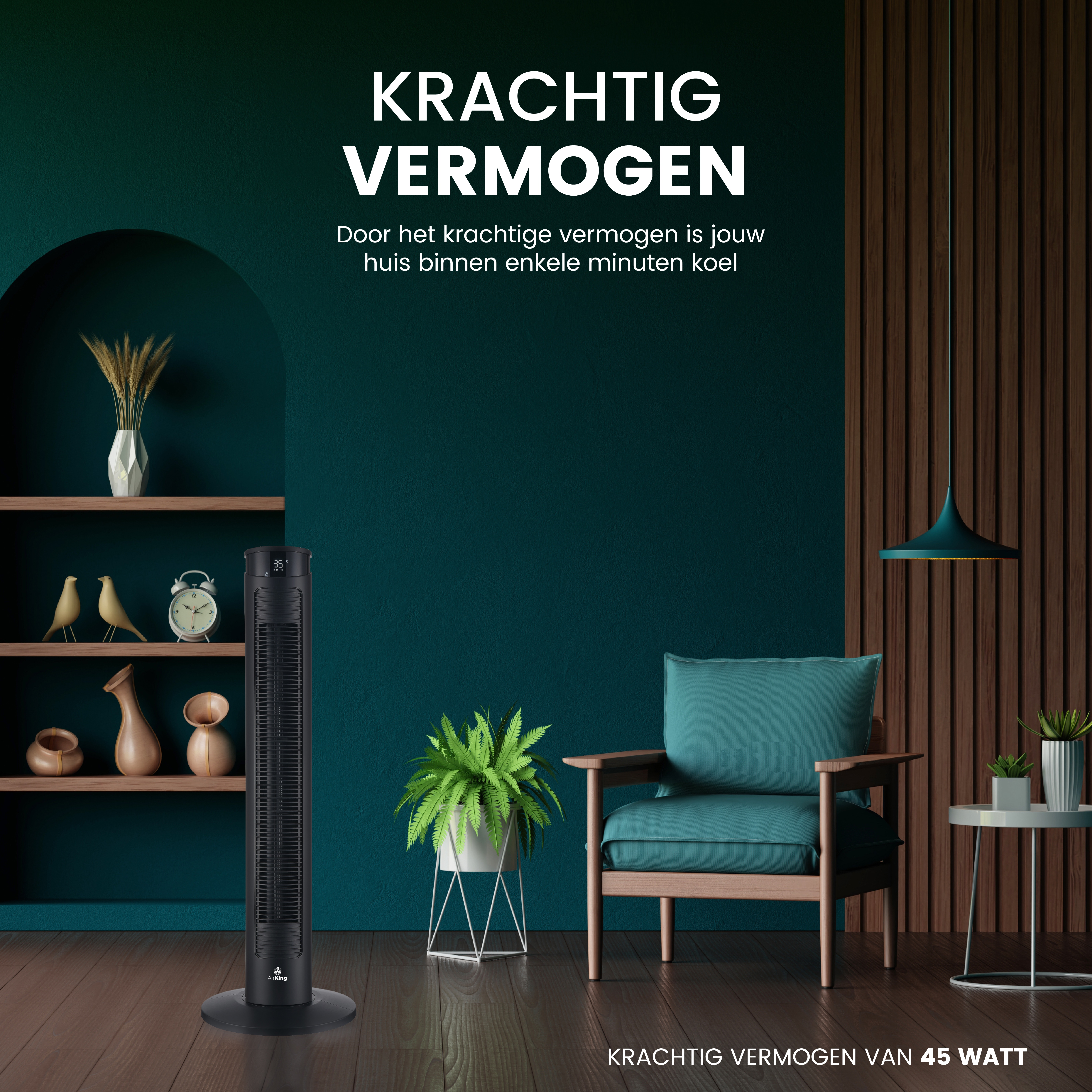 A black tower fan. A chair and a small table with a plant. Teal wall and brown wooden decor.