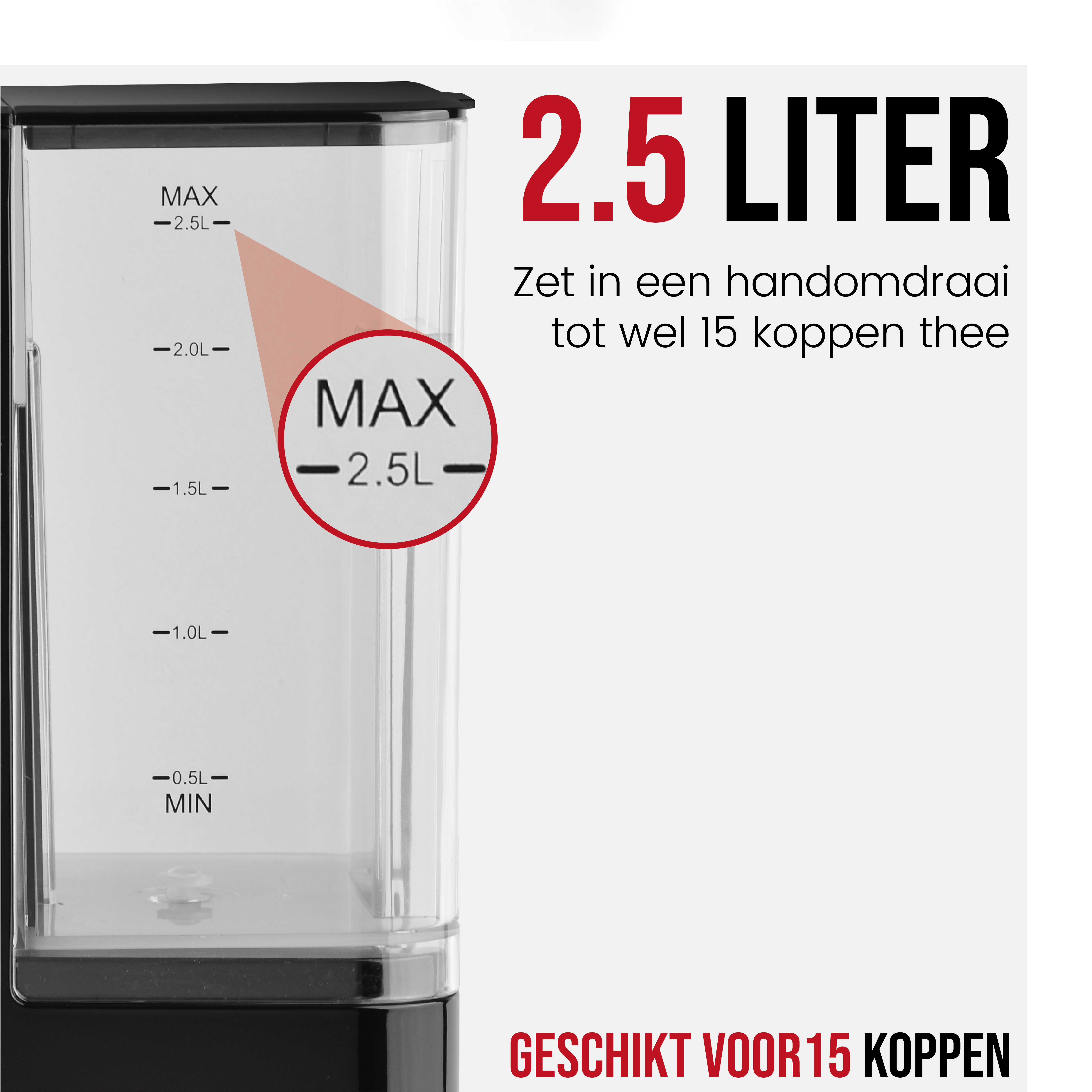 A water tank with a scale and text. A red arrow points to the max line. It says 2.5 liters.