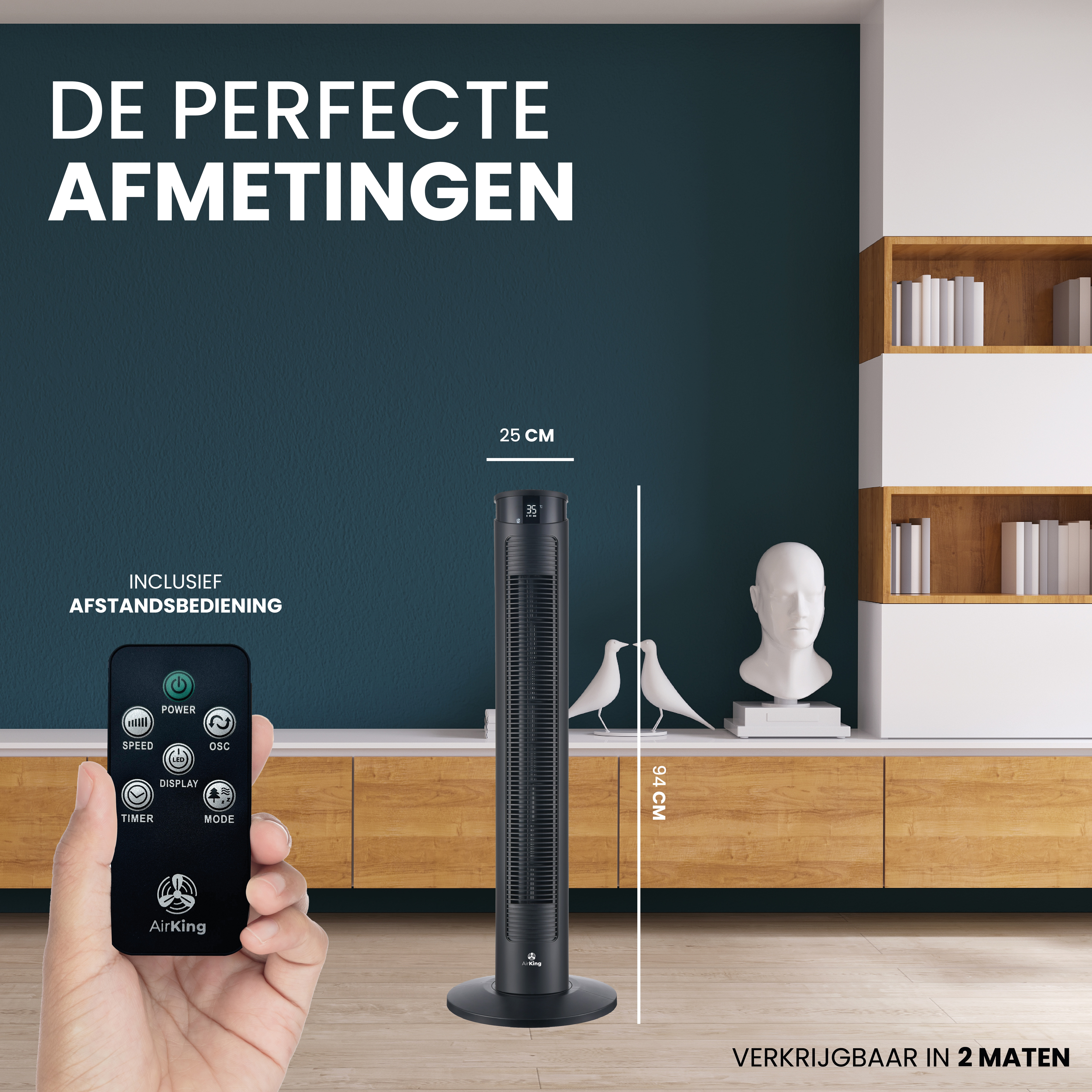 Black, tall fan with remote control. A dark blue wall in the background. AirKing brand.