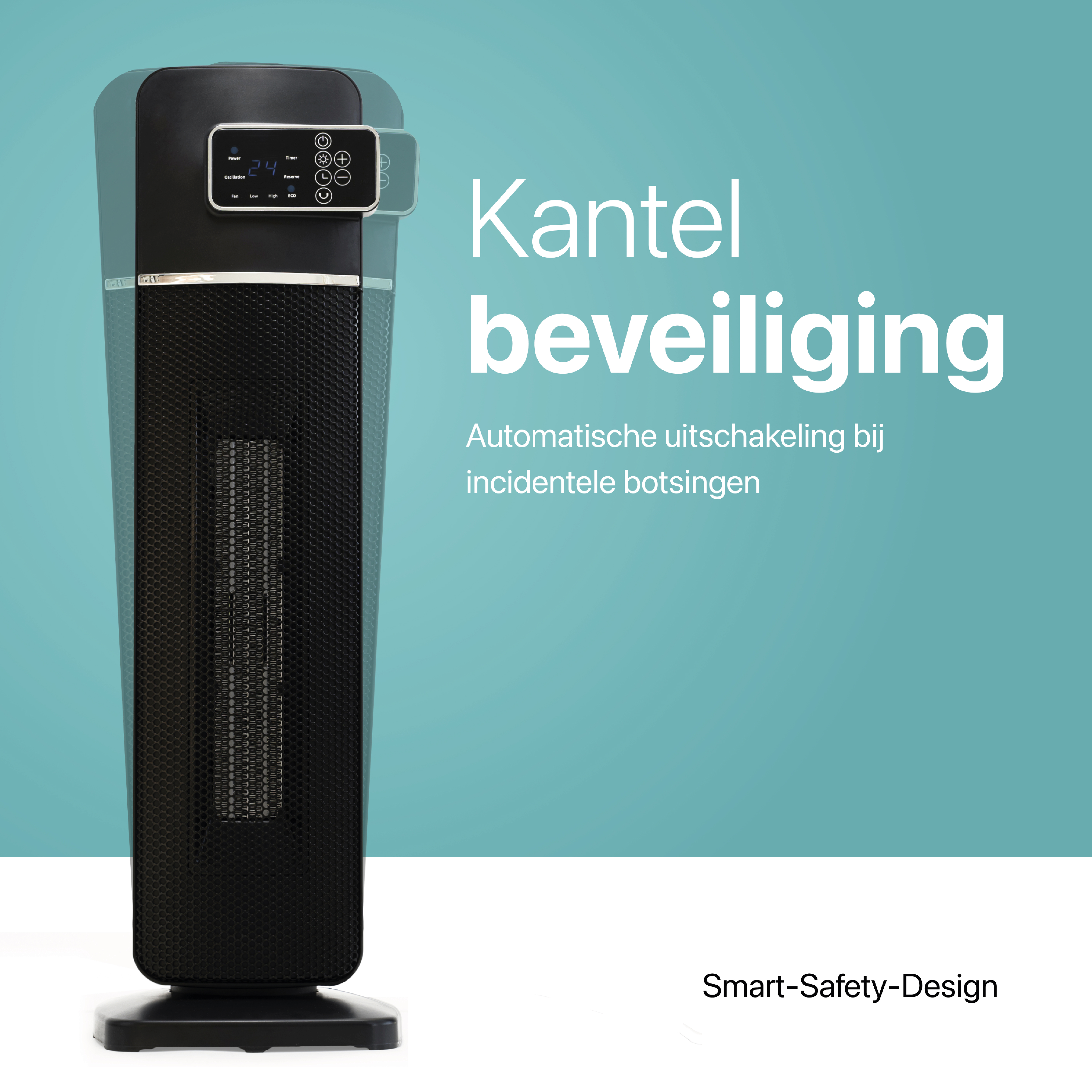 Zwarte elektrische kachel met digitaal display. Tekst: 'KANTEL BEVEILIGING'.
