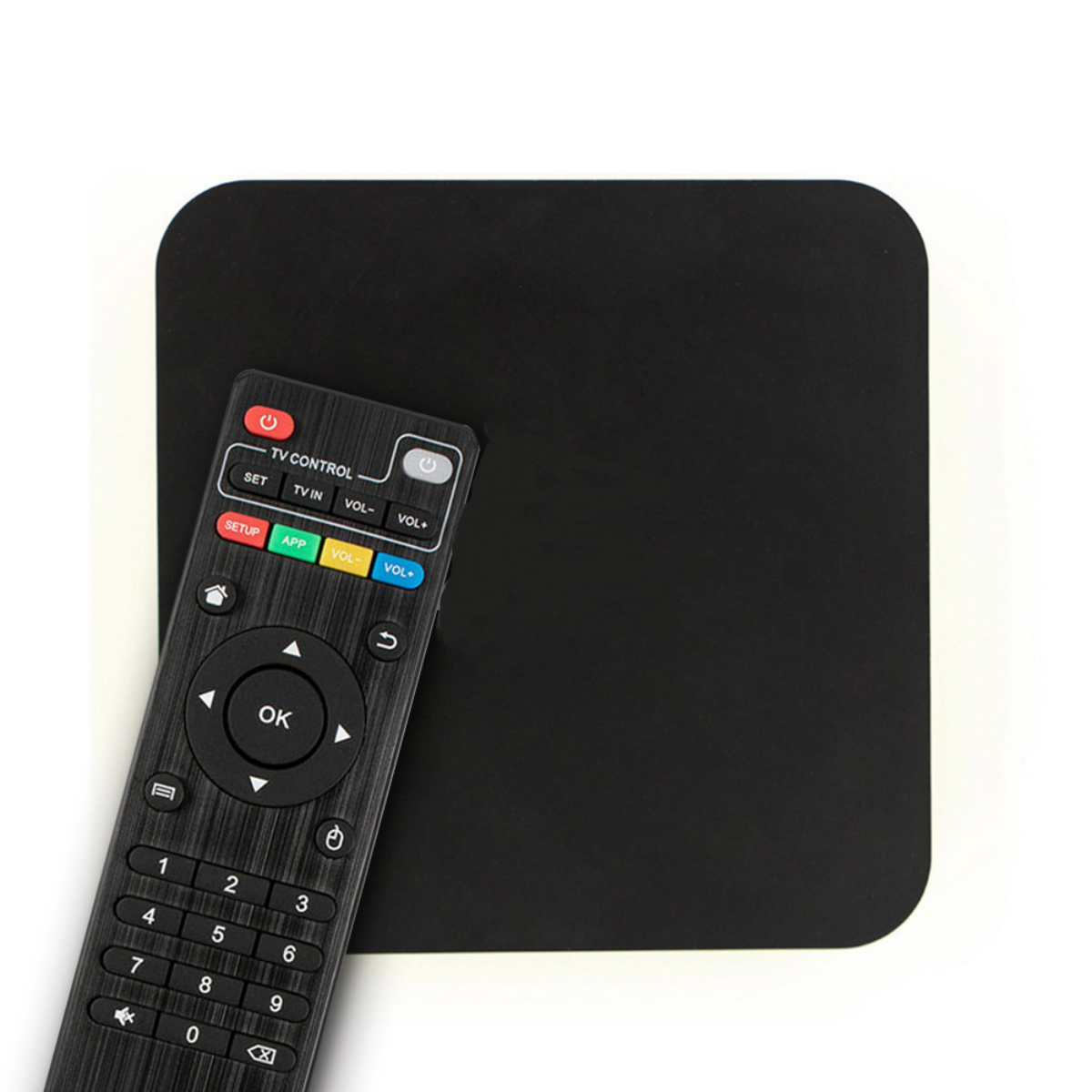 Schwarze TV-Steuerbox und Fernbedienung mit Richtungstasten und Zahlen.