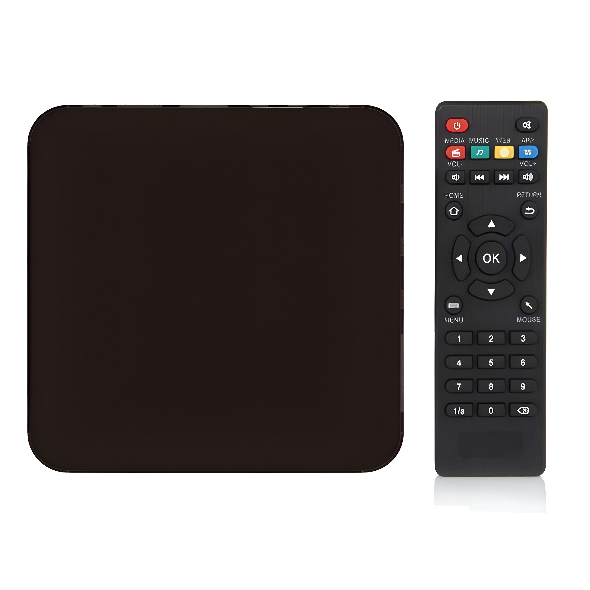 Eine schwarze TV-Box und eine schwarze Fernbedienung vor weißem Hintergrund.
