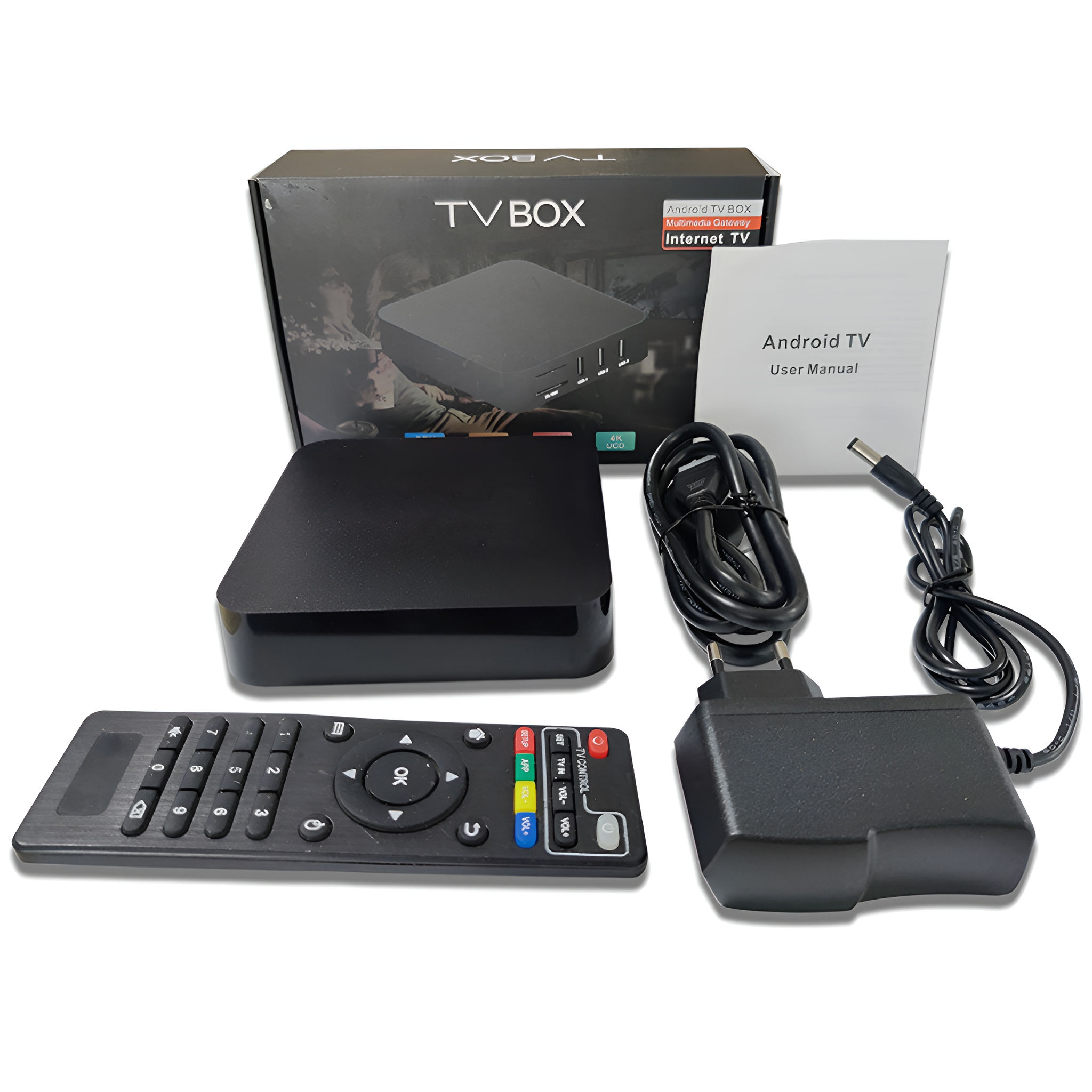 TV BOX Set. Zeigt eine TV-Box, Fernbedienung, Netzteil und Benutzerhandbuch.