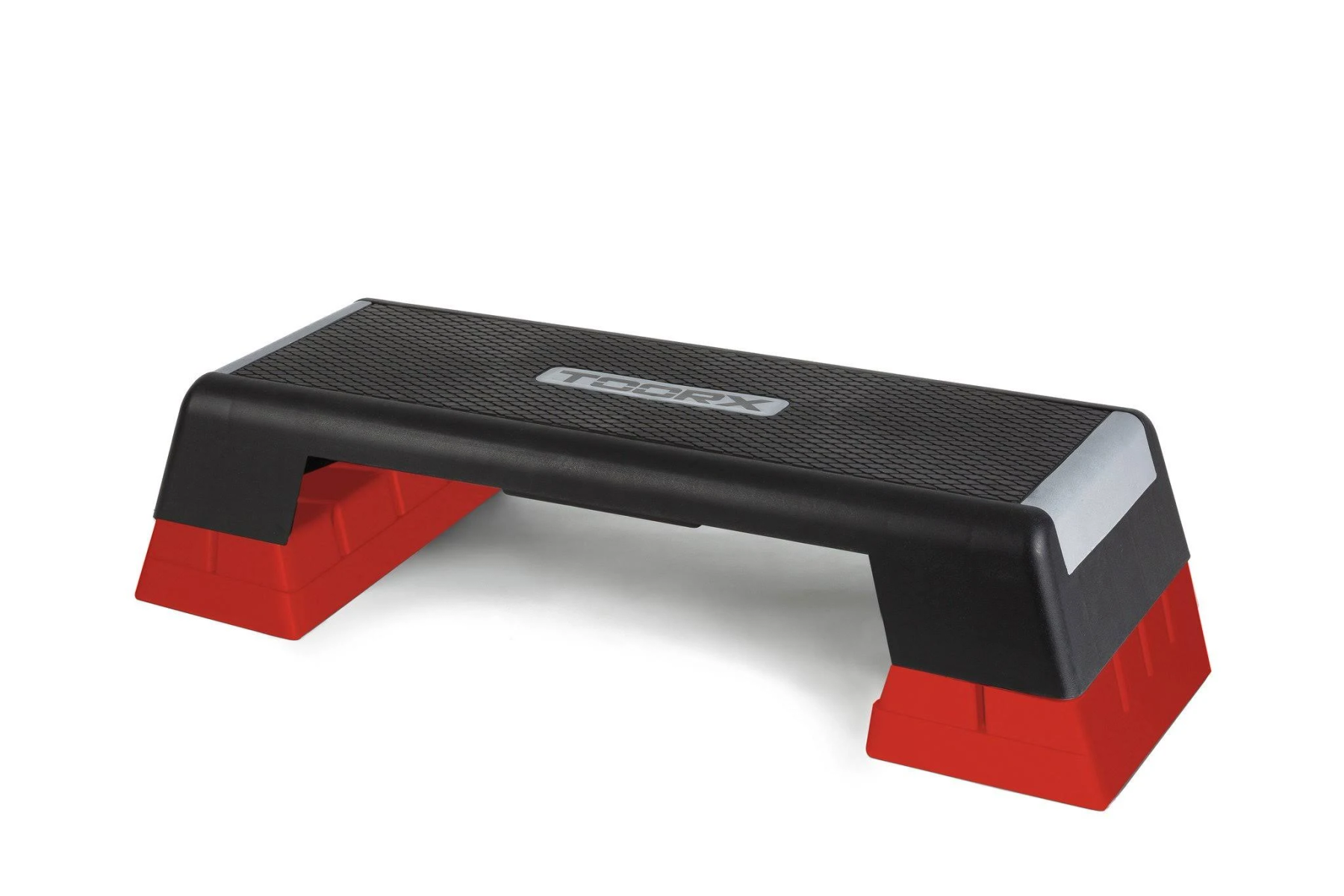 Zwart en rood step platform op een witte achtergrond. Het heeft het Toorx-logo.