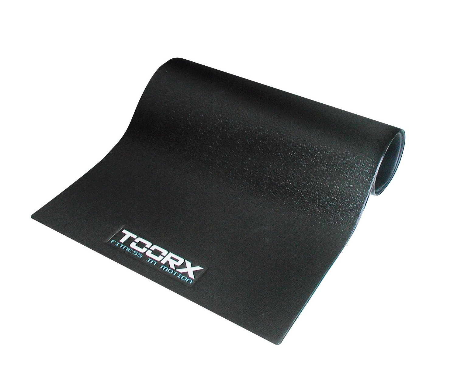 Zwarte yogamat met het TOORX-logo, opgerold op een witte achtergrond.