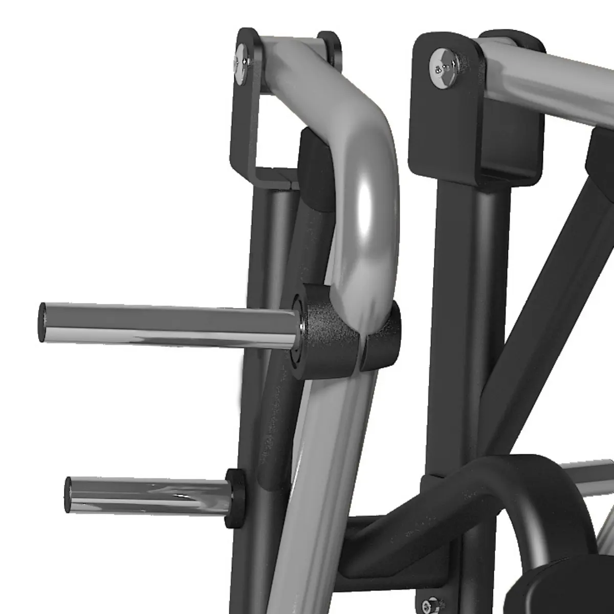 Een close-up van fitnessapparatuur met zilveren en zwarte staven.
