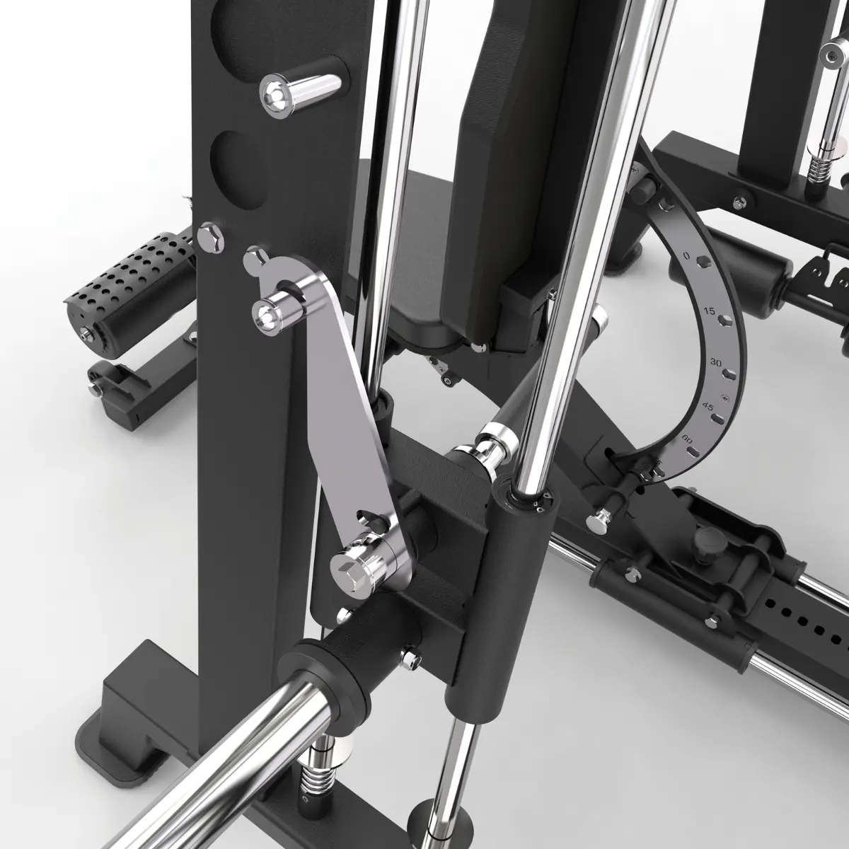 Close-up van een fitnessapparaat met metalen staven en gewichtsinstelling.
