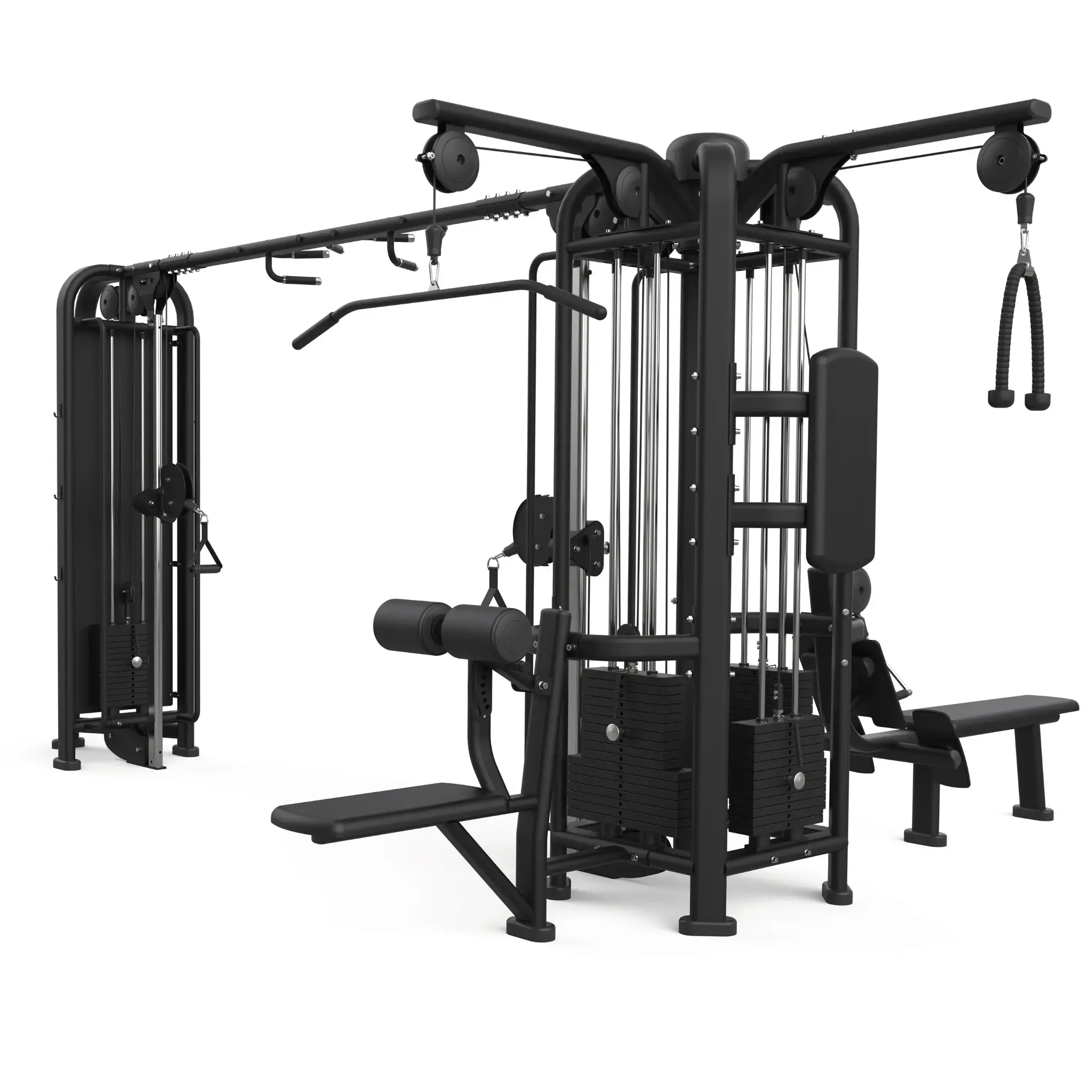 Zwarte multi-gym machine met verschillende stations: kabel, lat pull-down, beenpers en bank.