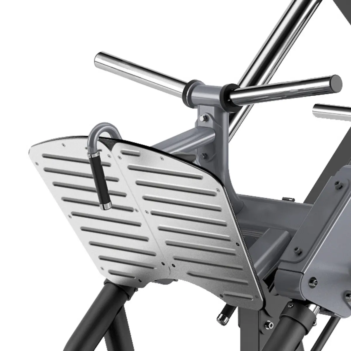 Beenpressmachine, close-up. Het voetplateau is zilverkleurig met zwarte handvatten.