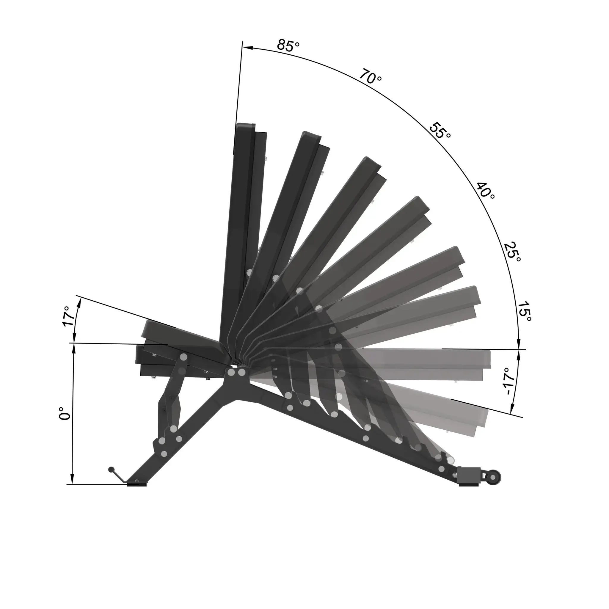 An adjustable bench showing different angles from 0 to 85 degrees, with various measurements.