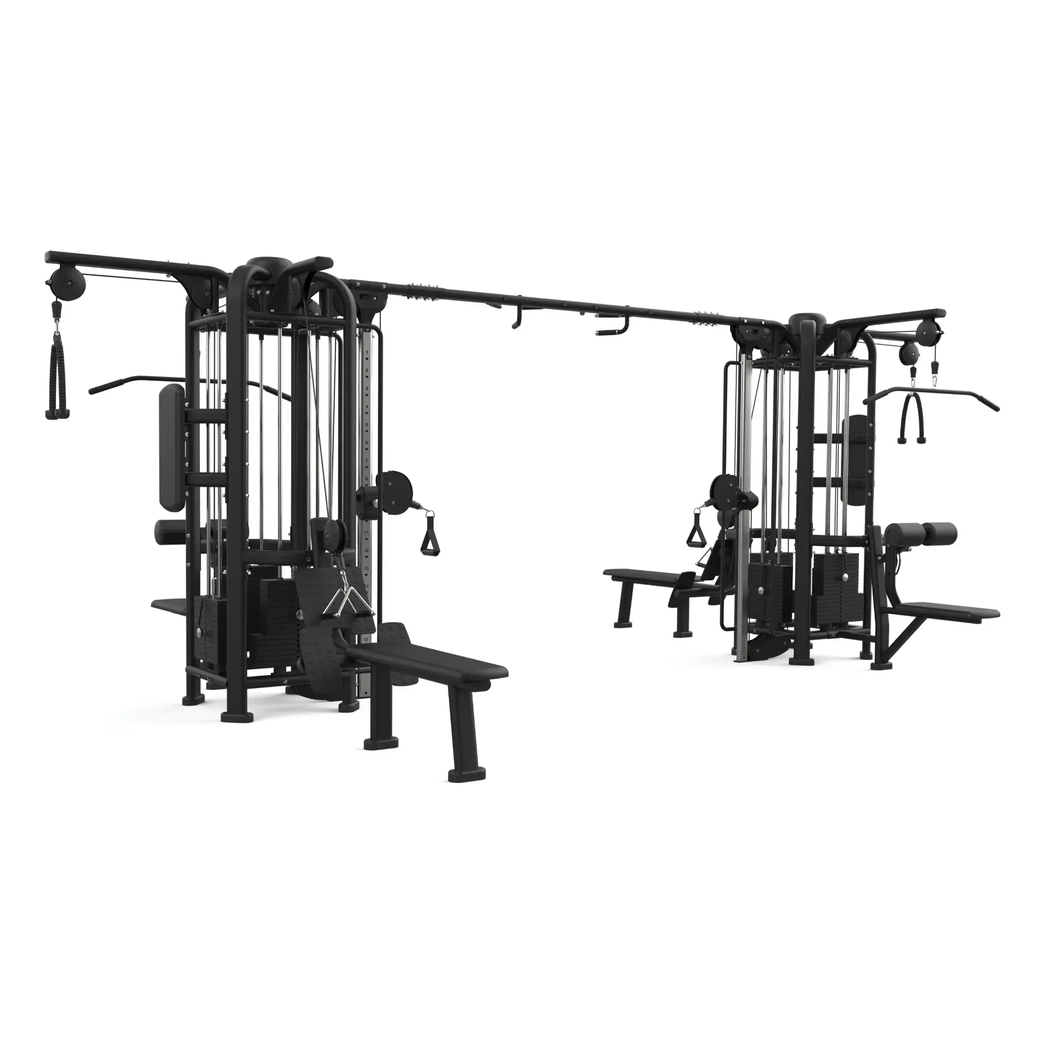 Zwarte fitnessapparatuur met twee onderling verbonden stations. Het heeft gewichten en banken.