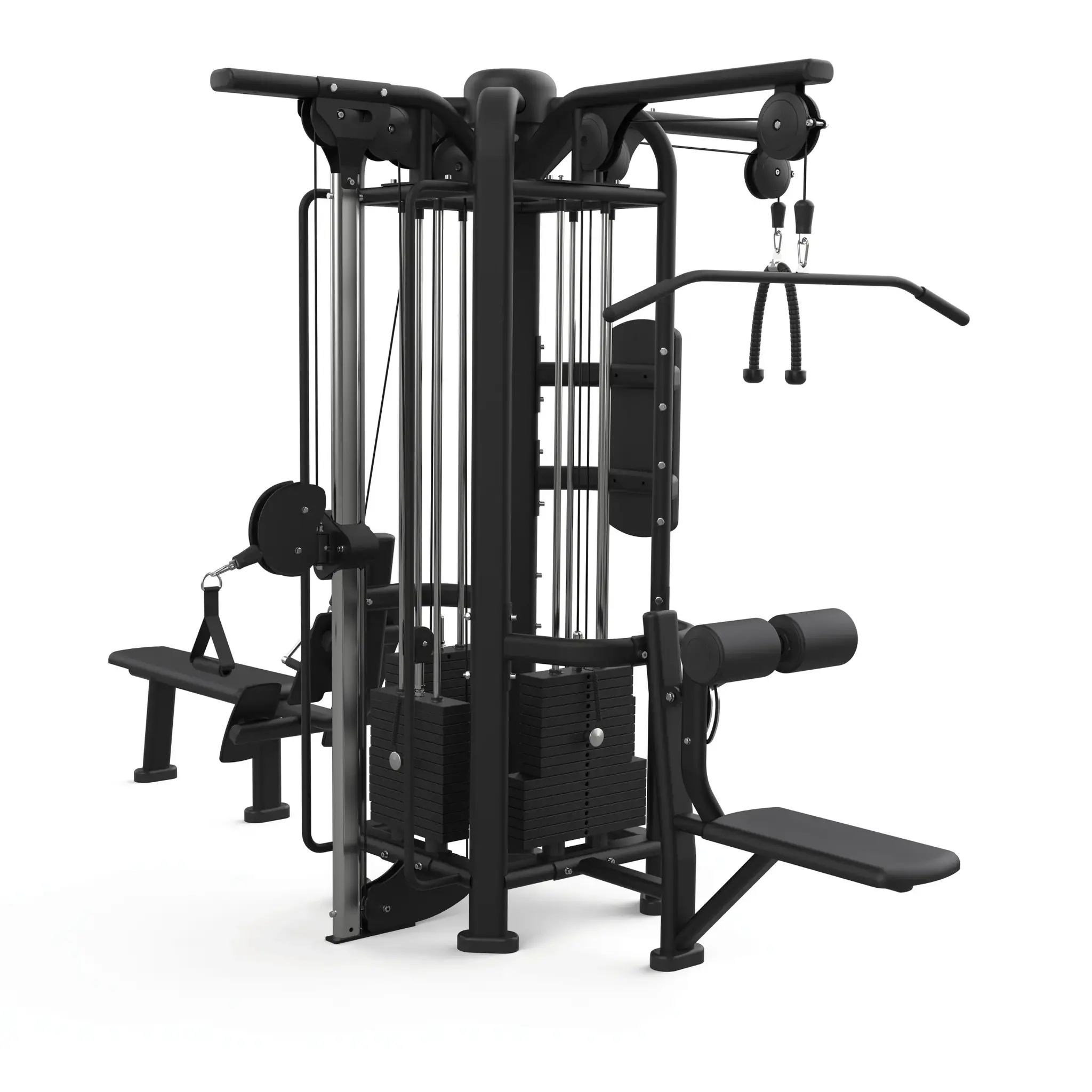 Zwarte multi-gym apparatuur. Voorzien van diverse stations voor verschillende oefeningen. Geïsoleerd op een witte achtergrond.