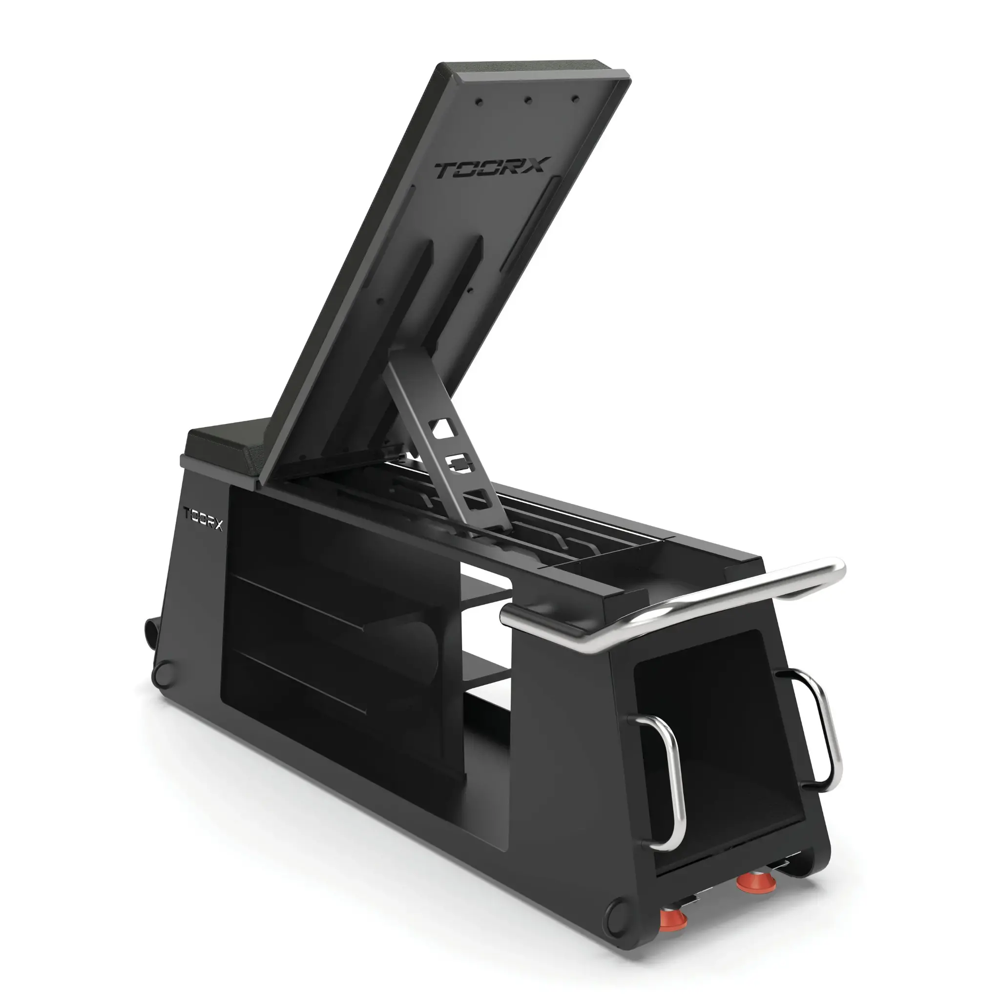 Black machine with a compartment and a handle. White background.