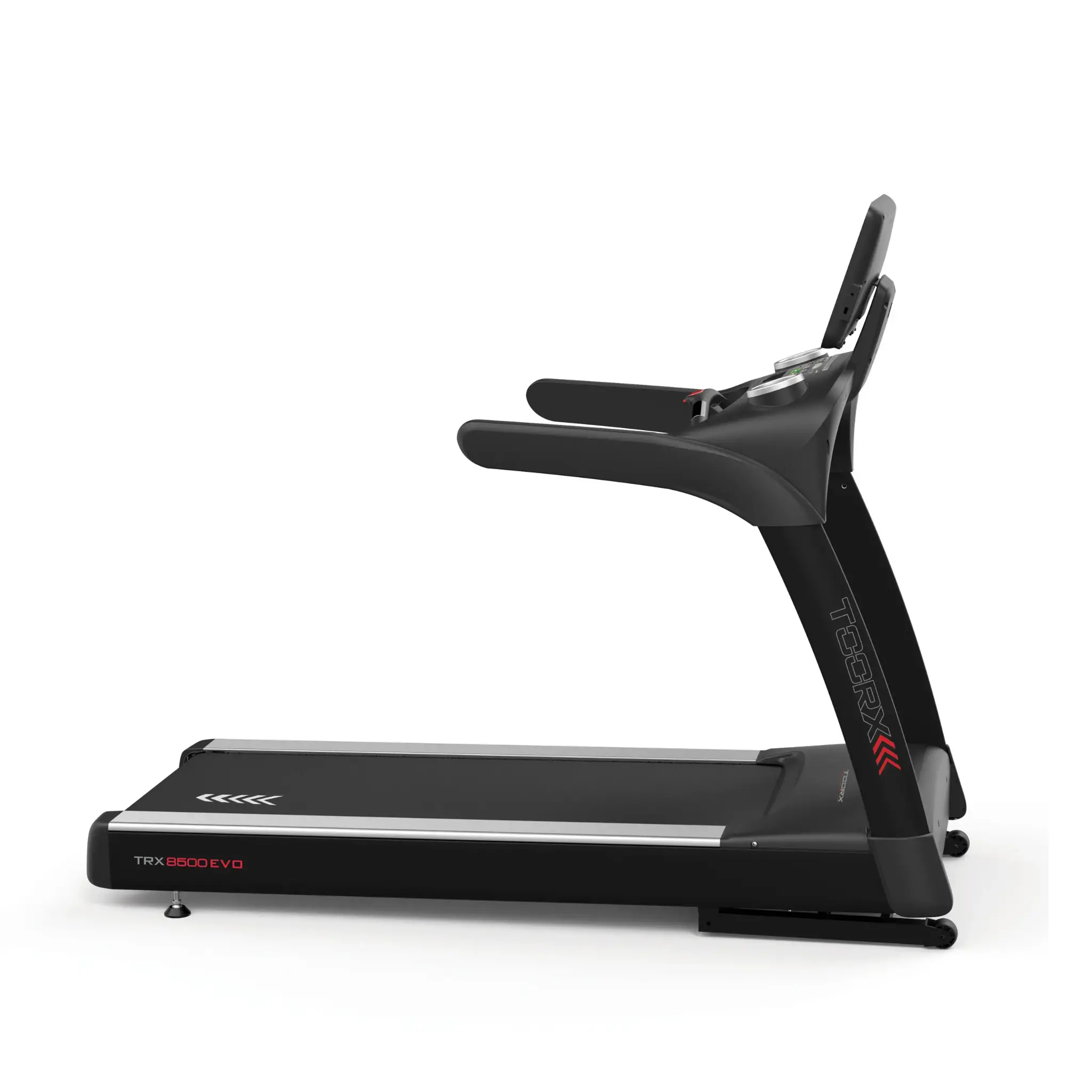 A black and gray treadmill. Has a display screen and armrests. White background.