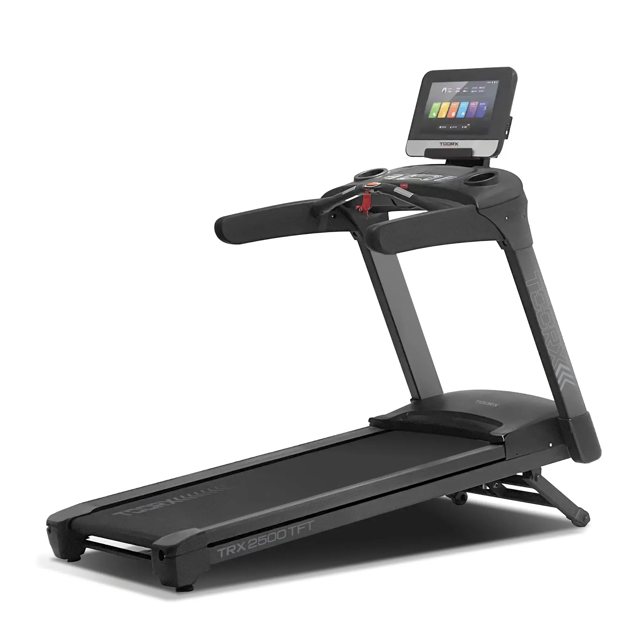 Black treadmill with a digital screen and handrails. The brand name is TOORX.