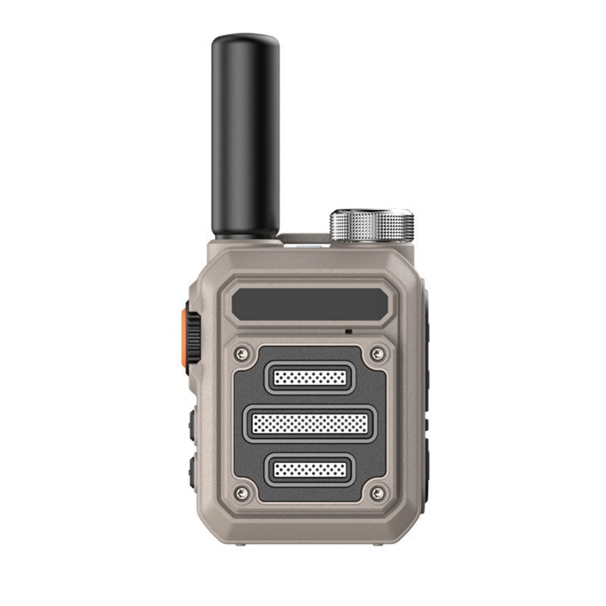 Ein Walkie-Talkie in der Seitenansicht. Das Walkie-Talkie ist grau und schwarz.
