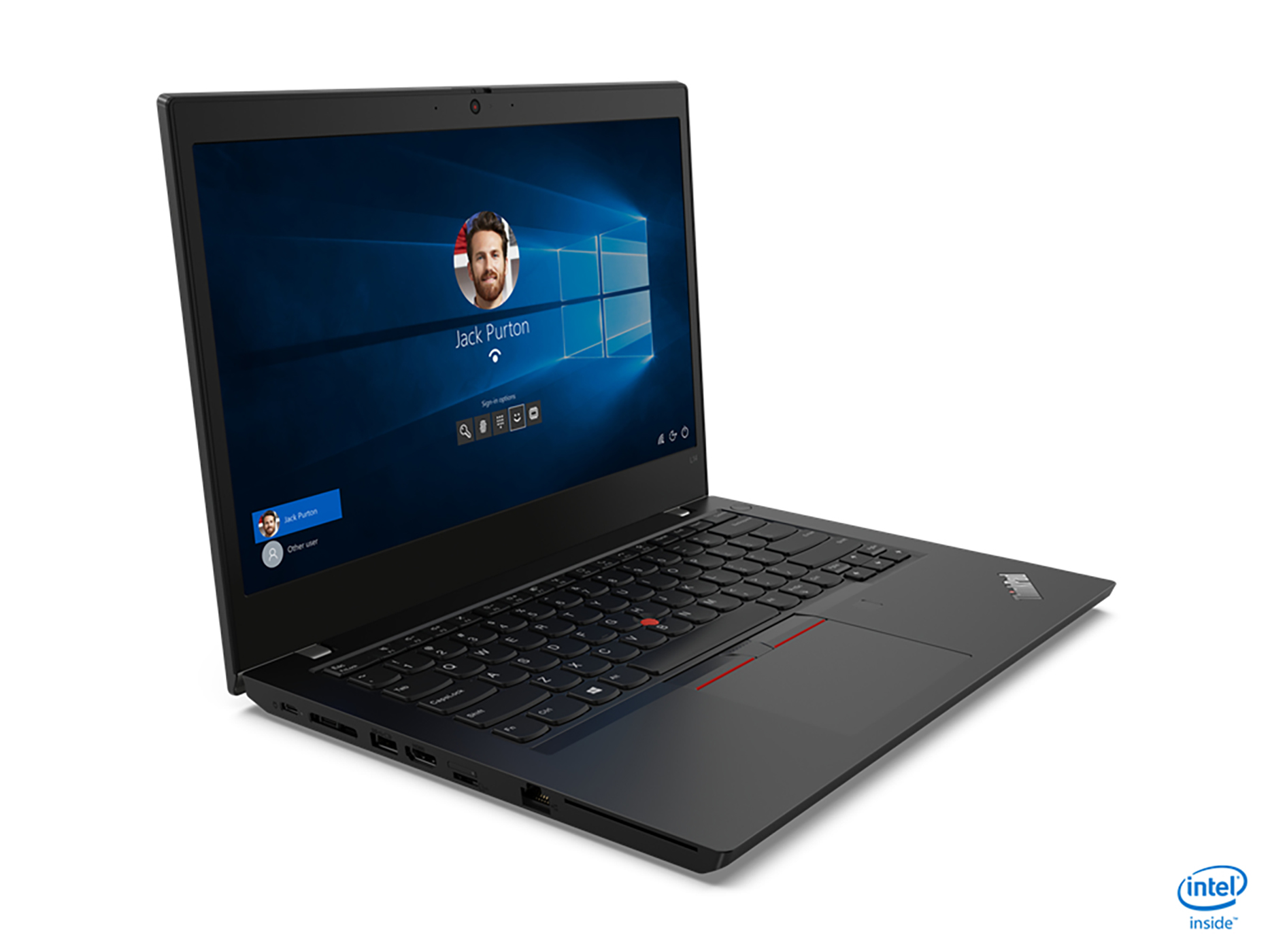 Schwarzer Laptop mit Anmeldebildschirm, Foto eines Mannes, und Intel Inside-Logo.