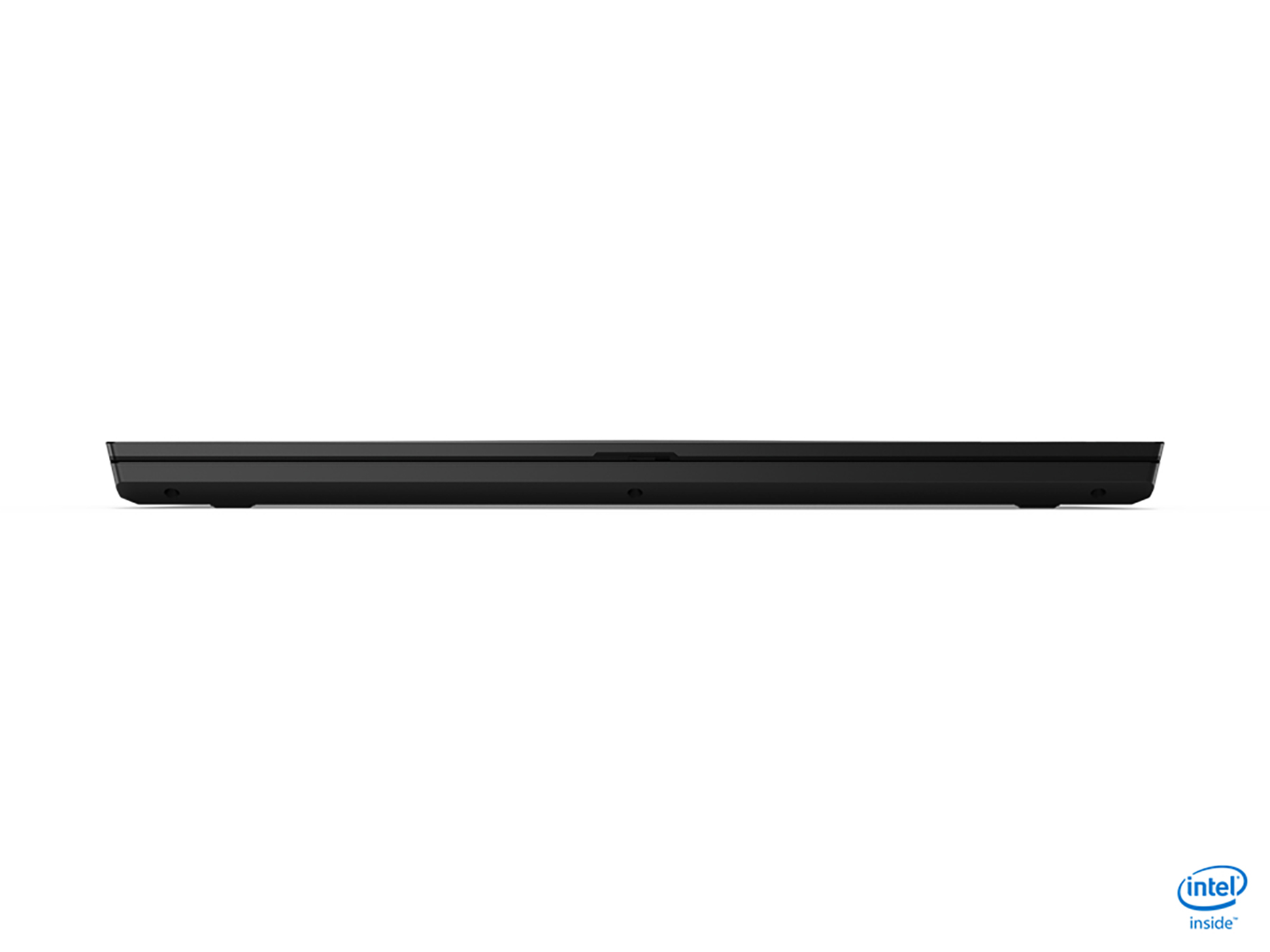 Schwarzer Laptop aus einem seitlichen Winkel, der die Unterseite mit dem Intel Inside-Logo zeigt. Es ist auf weißem Hintergrund.