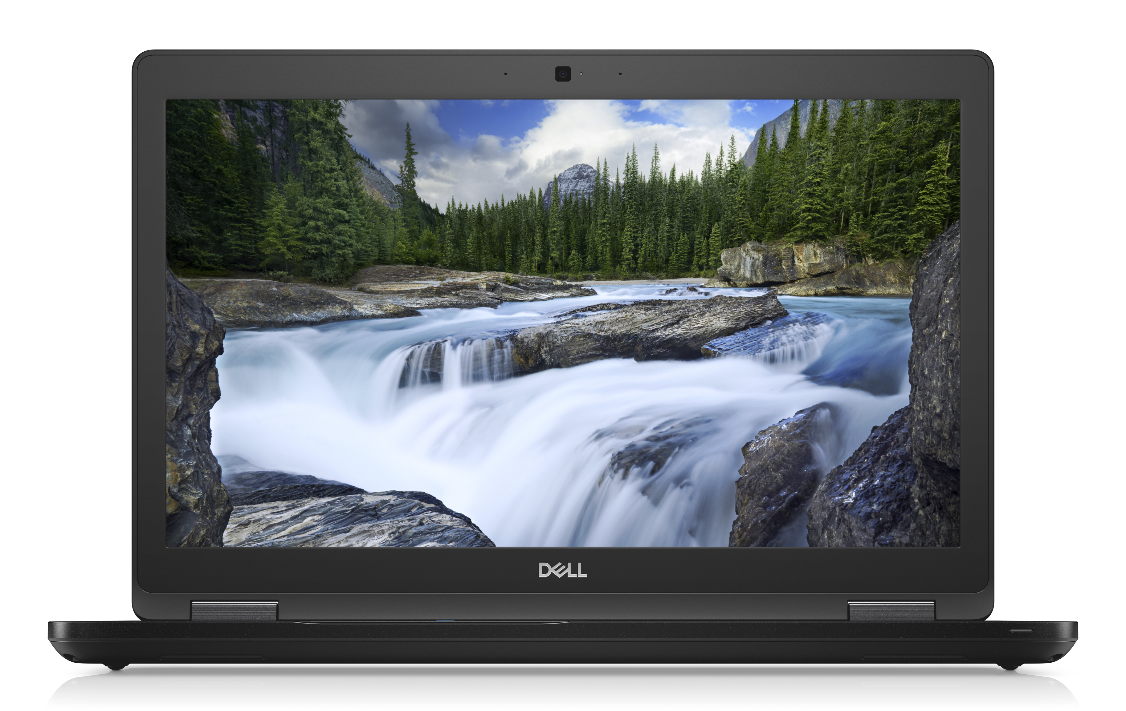 Schwarzer Dell-Laptop zeigt eine Wasserfallszene. Der Laptop befindet sich auf einer weißen Oberfläche.