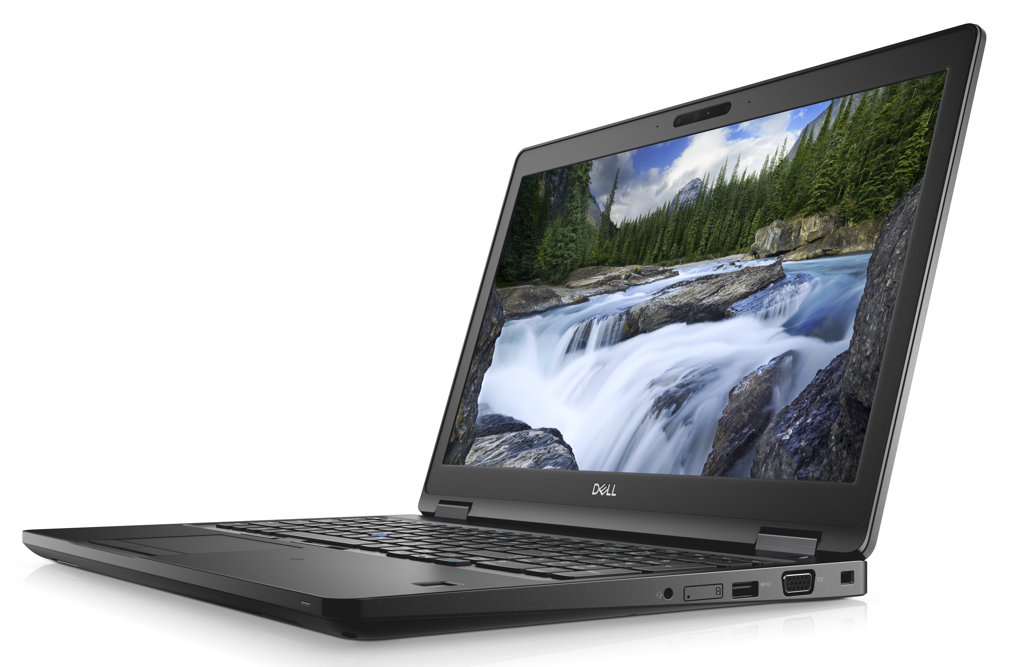Schwarzer Dell-Laptop, schräge Ansicht. Der Bildschirm zeigt einen Wasserfall in einem Wald. Dell-Logo ist sichtbar.