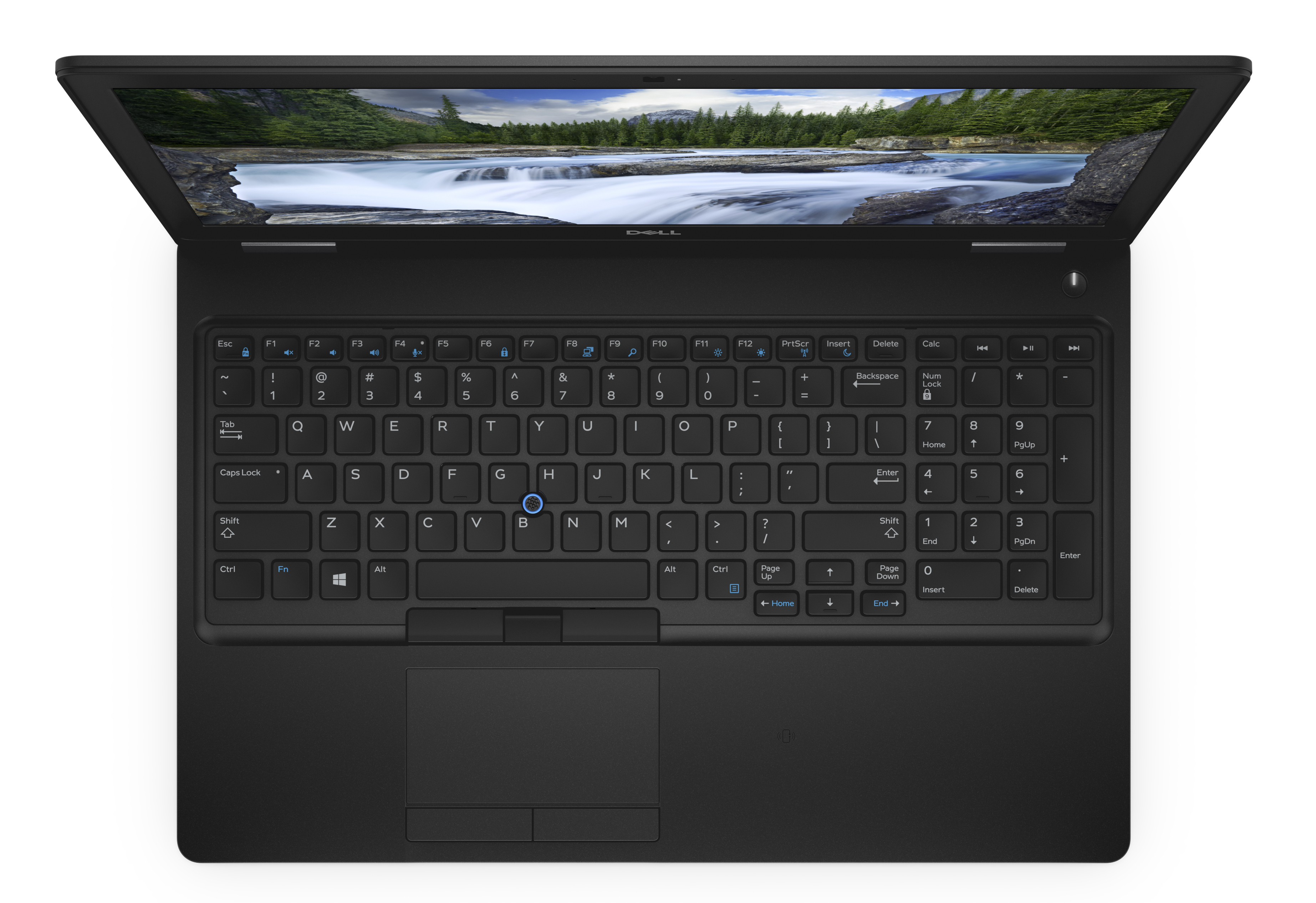 Laptop, Draufsicht. Schwarz. Tastatur sichtbar, Bildschirm zeigt Landschaftsbild. Weißer Hintergrund.