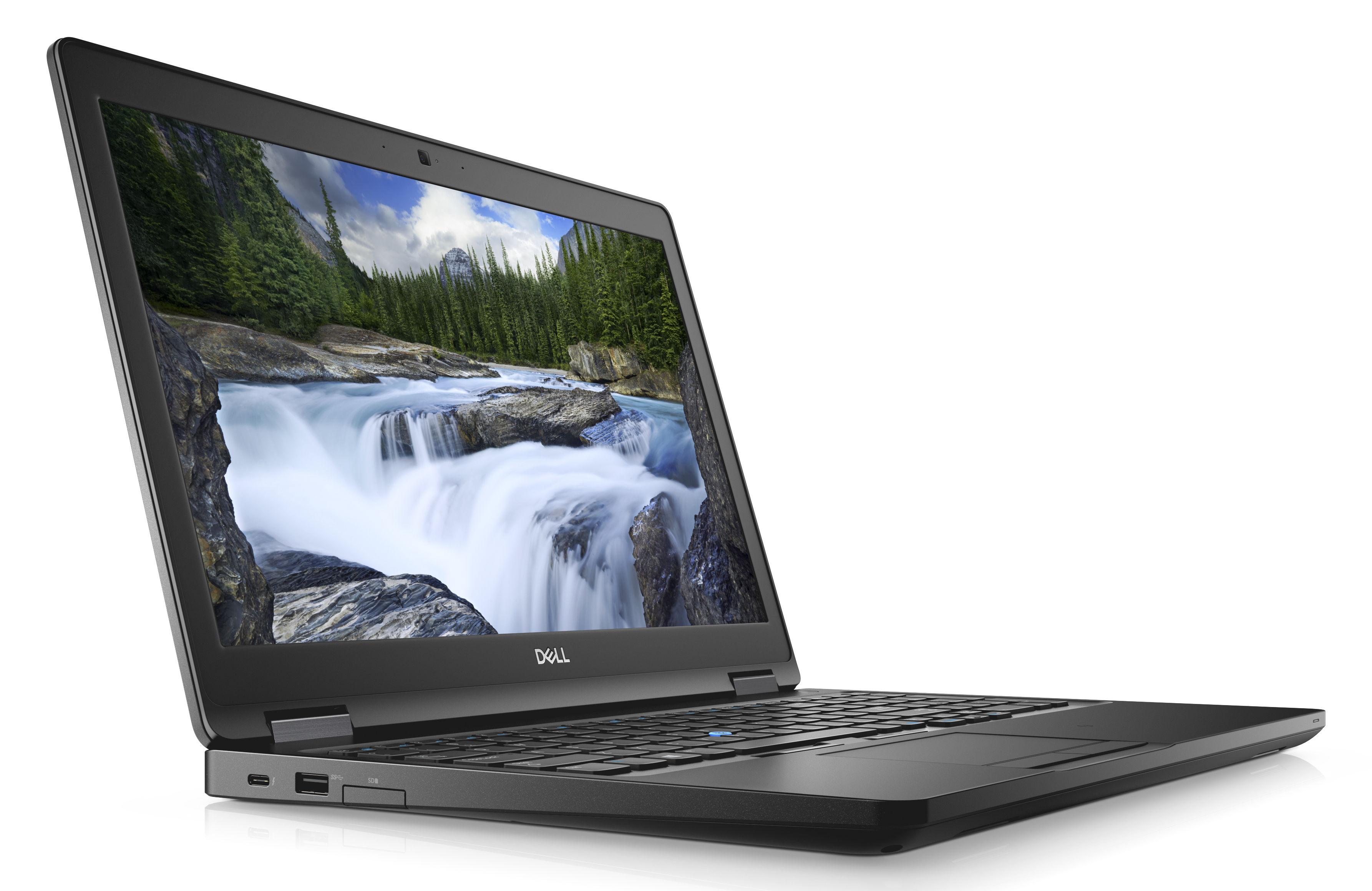 Ein schwarzer Laptop, auf dessen Bildschirm ein Wasserfall und eine Waldszene zu sehen sind. Der Laptop ist angewinkelt. Weißer Hintergrund.