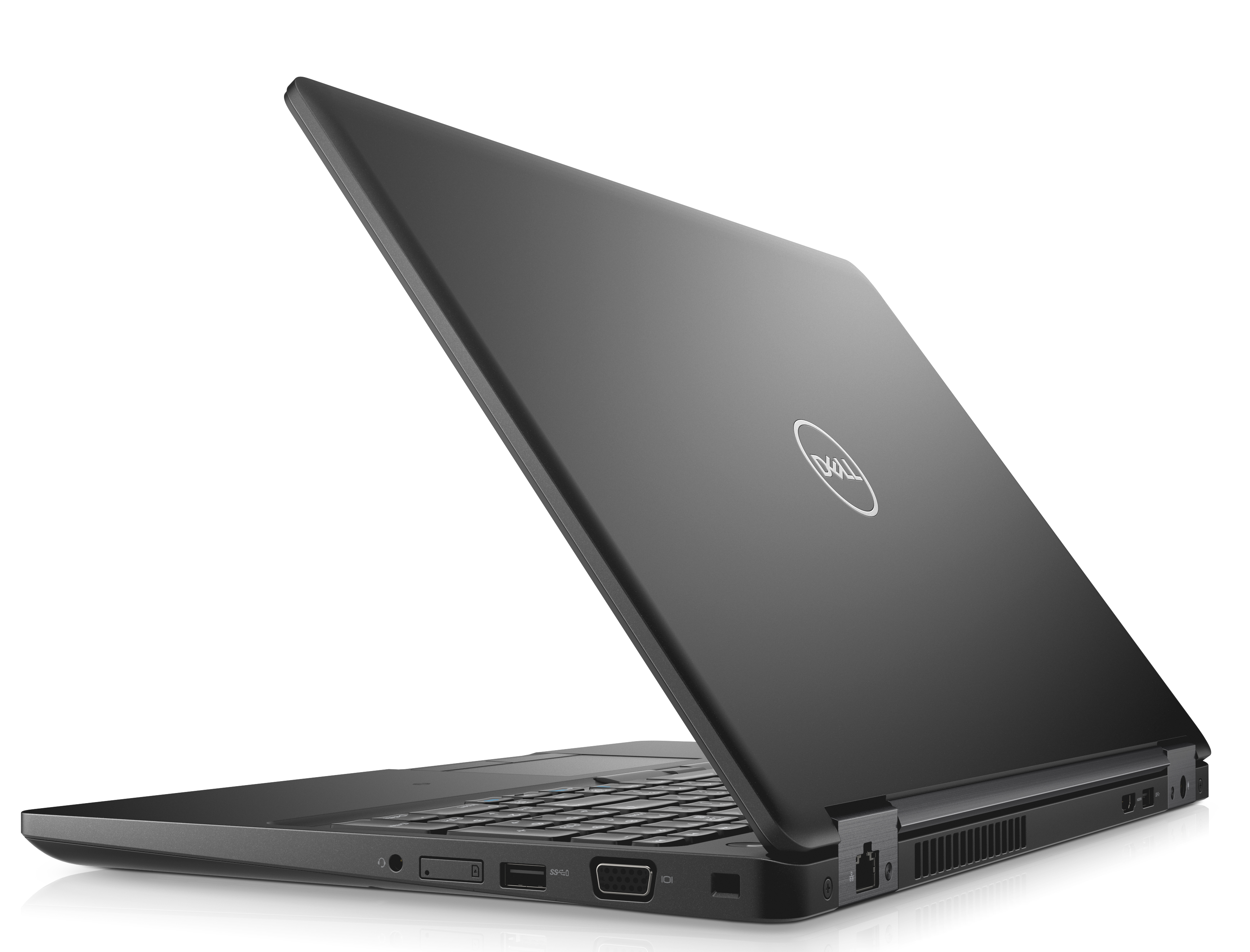 Ein schwarzer Dell-Laptop, leicht geöffnet, zeigt die Rückseite mit dem Dell-Logo. Der Laptop steht auf weißem Untergrund.