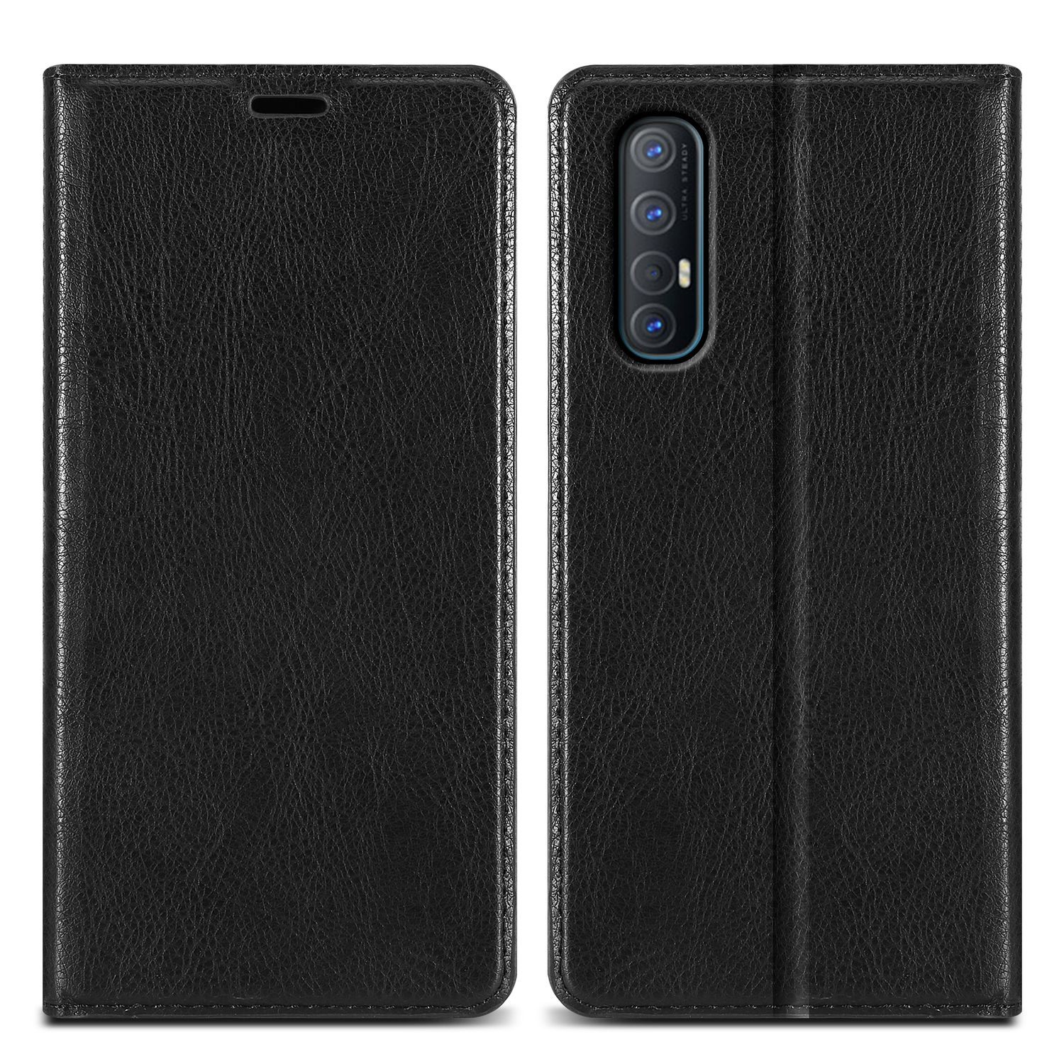 Una custodia per telefono in pelle nera, aperta per rivelare il telefono e tre fotocamere.
