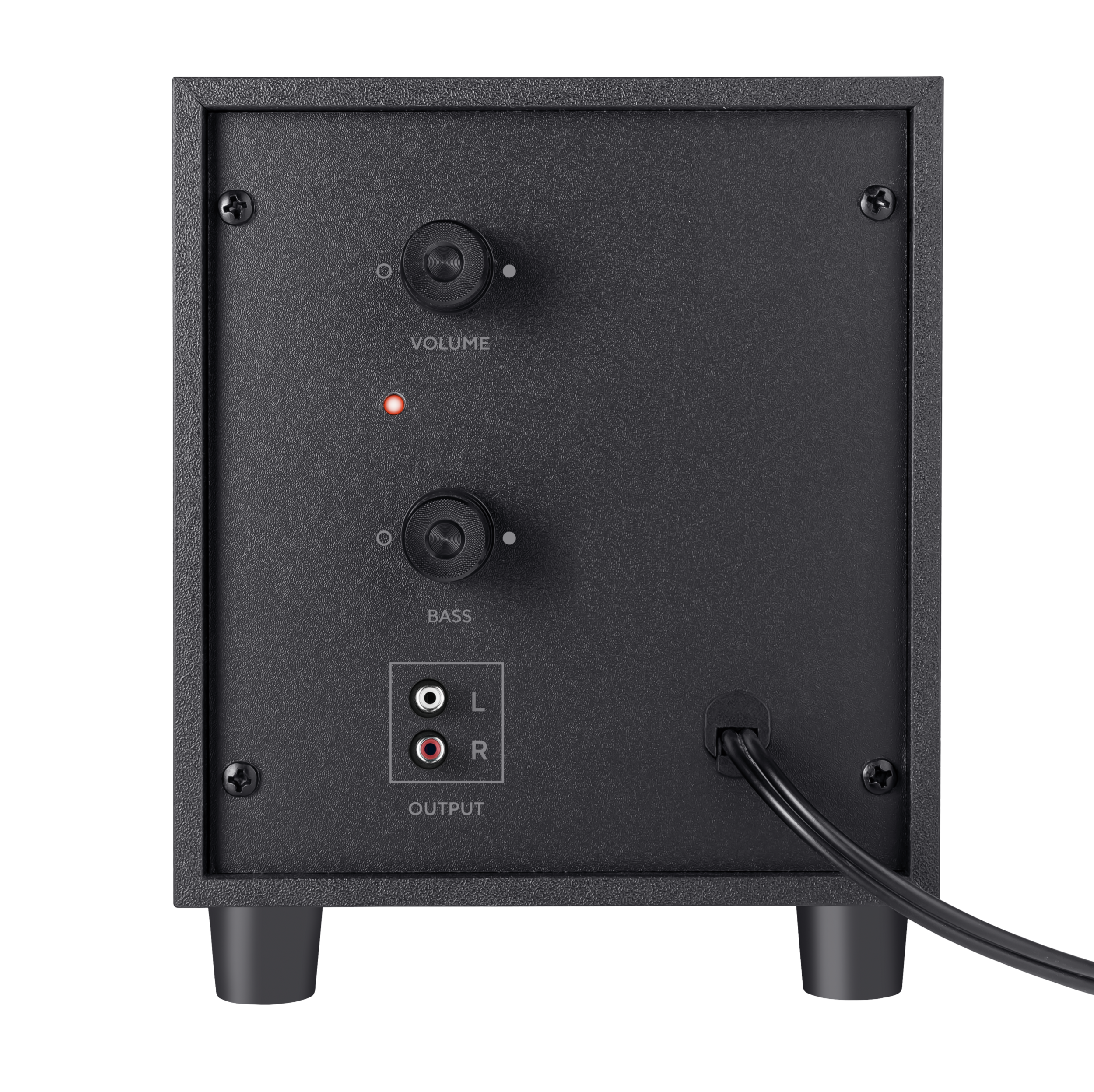 Panel tylny czarnego głośnika. Widoczne pokrętła głośności, basów i porty wyjściowe.