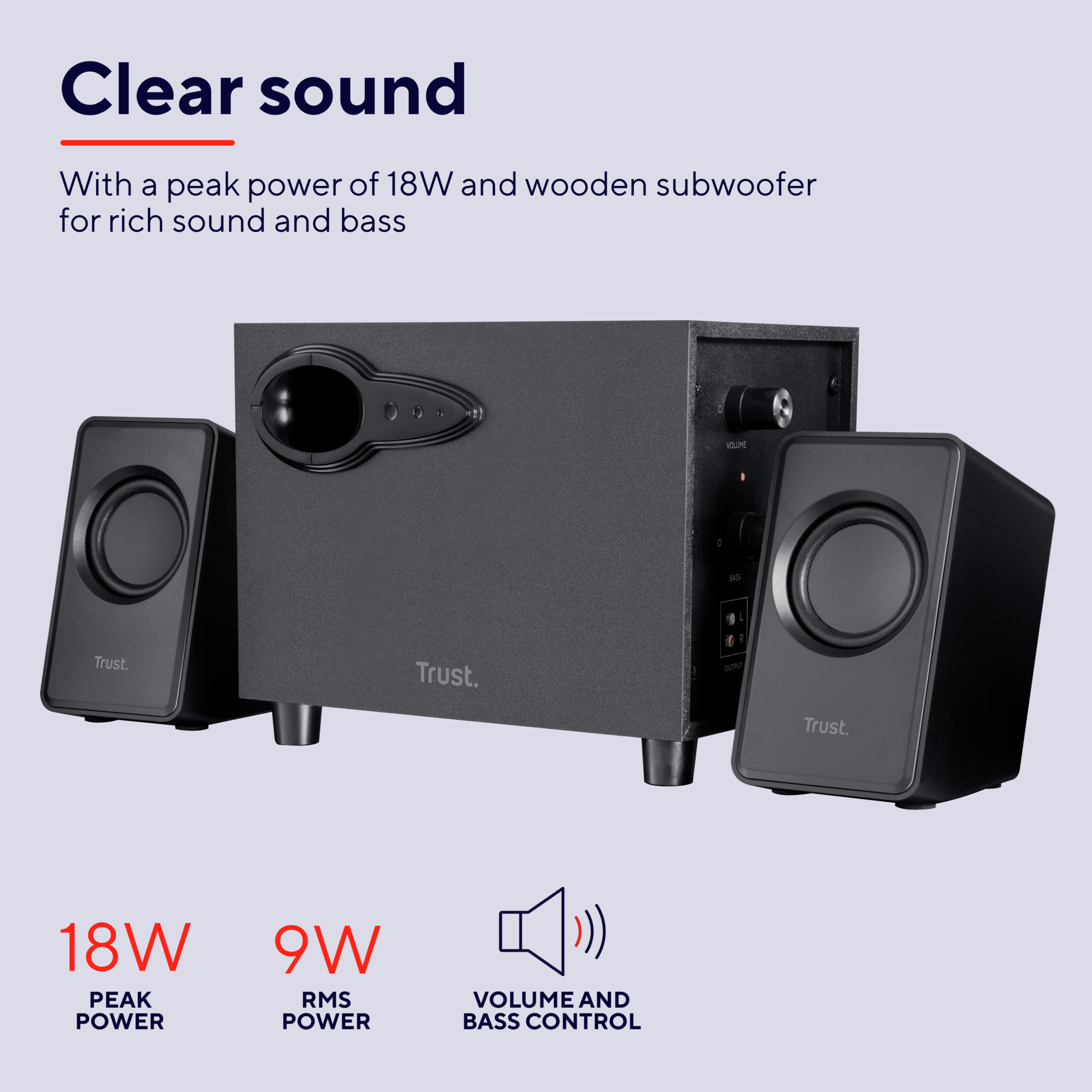 Czarne głośniki i subwoofer. Tekst mówi czysty dźwięk, moc szczytowa 18W. Na białej powierzchni.