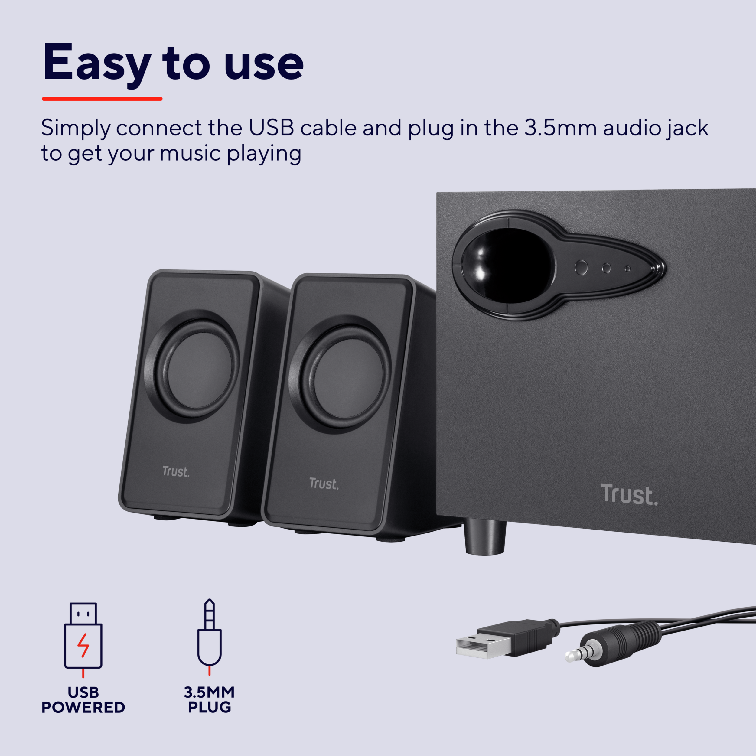 Czarny zestaw głośników z dwoma małymi głośnikami i większym subwooferem. USB i gniazdo audio.