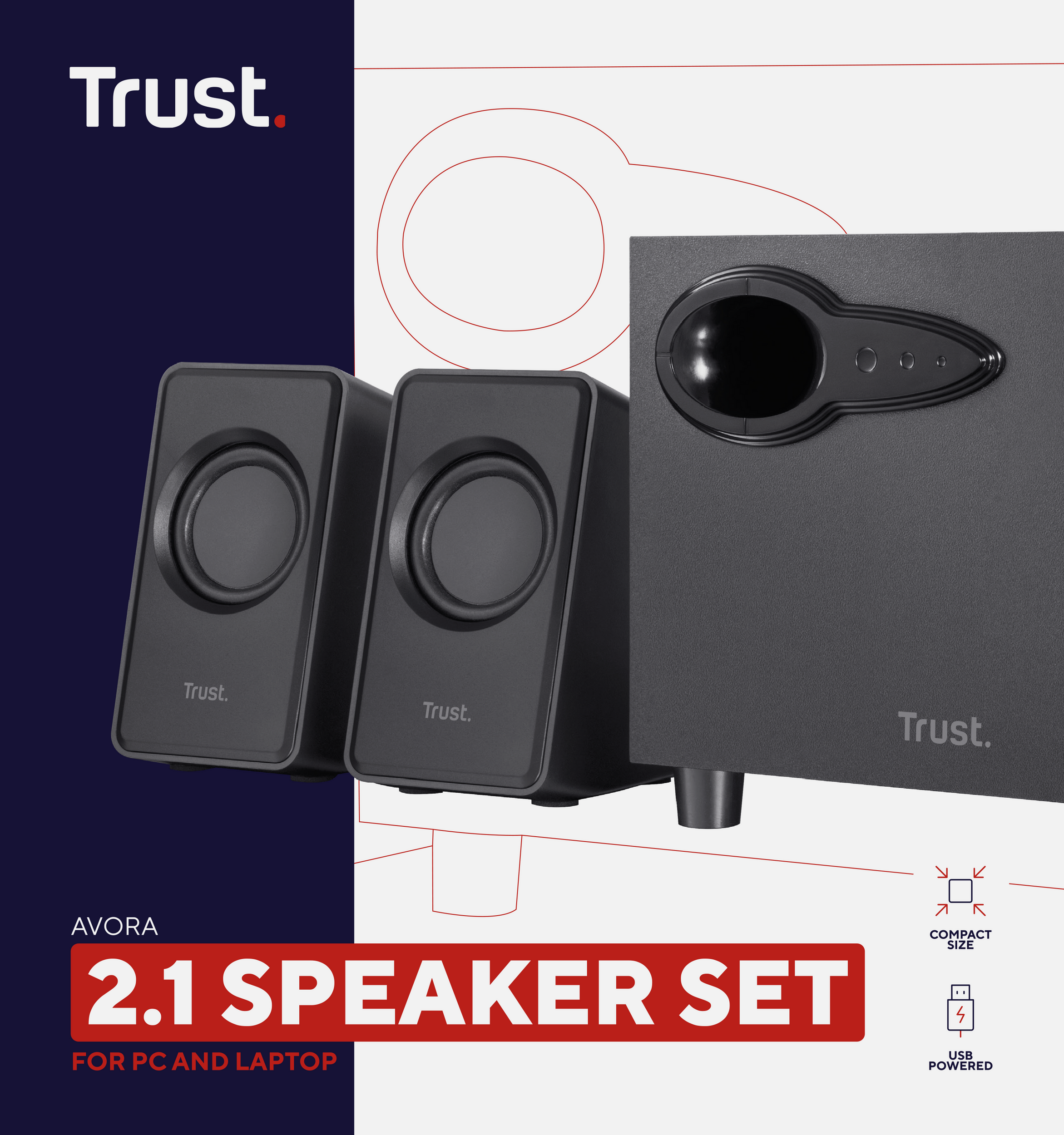 Zestaw głośników 2.1 z dwoma czarnymi głośnikami i subwooferem. Głośniki mają napis 'Trust'.